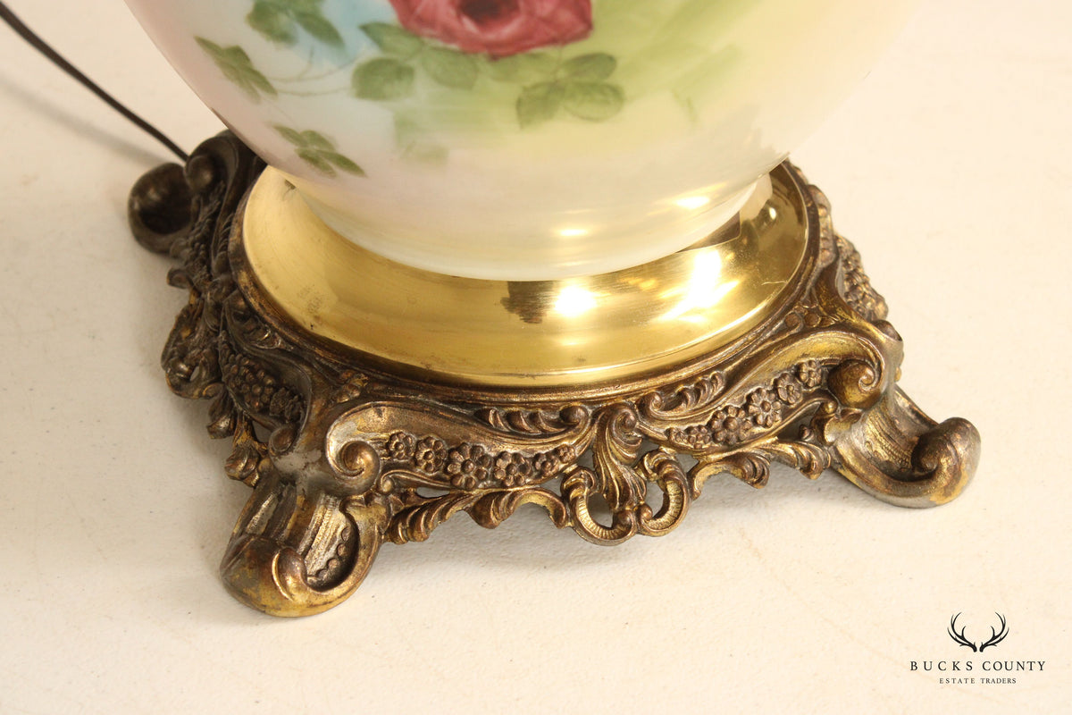 French Style Painted Porcelain and Brass Table Lamp