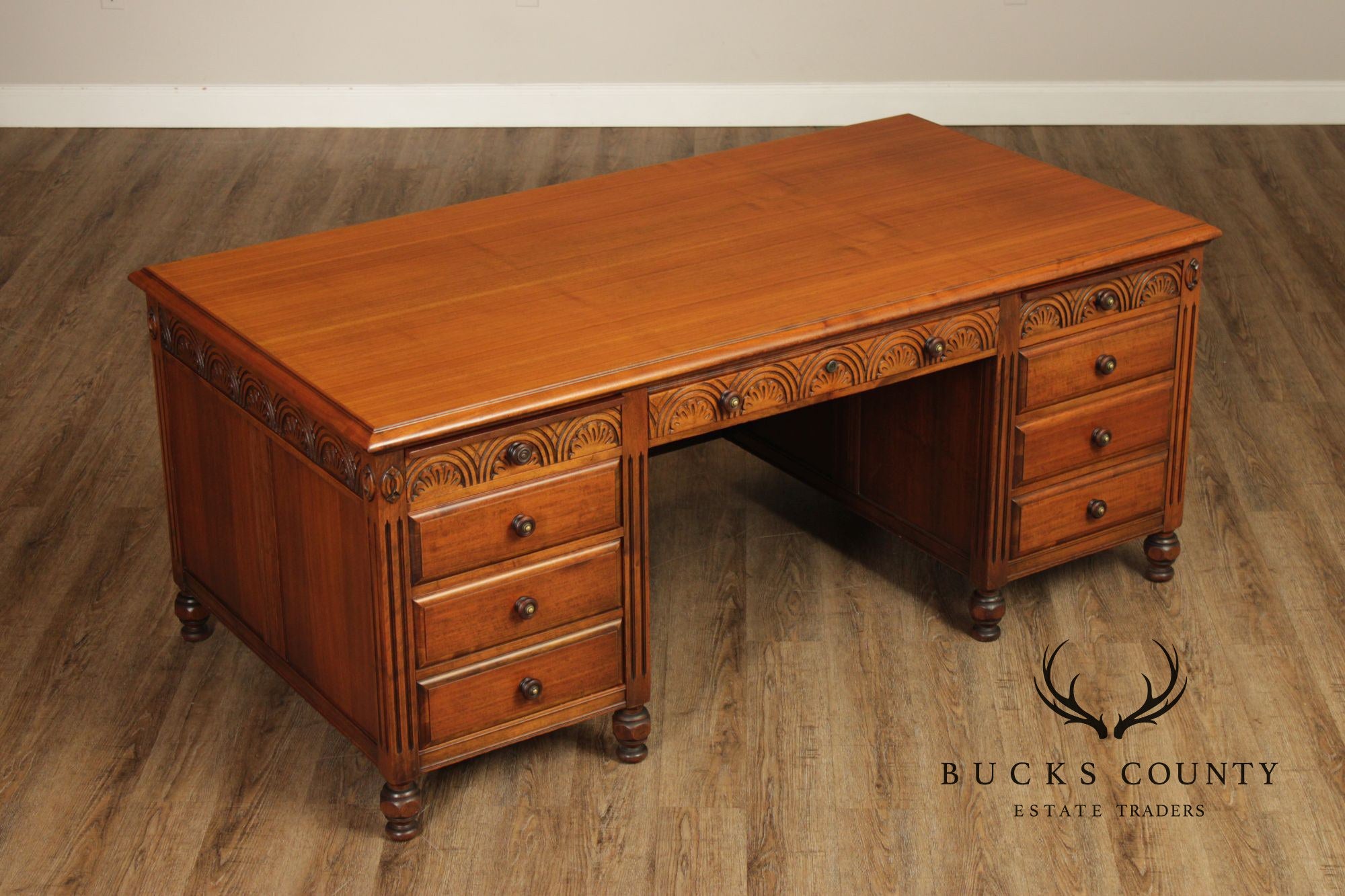 1930 Walnut Carved Pedestal Executive Desk with Pull-Out Writing Slides