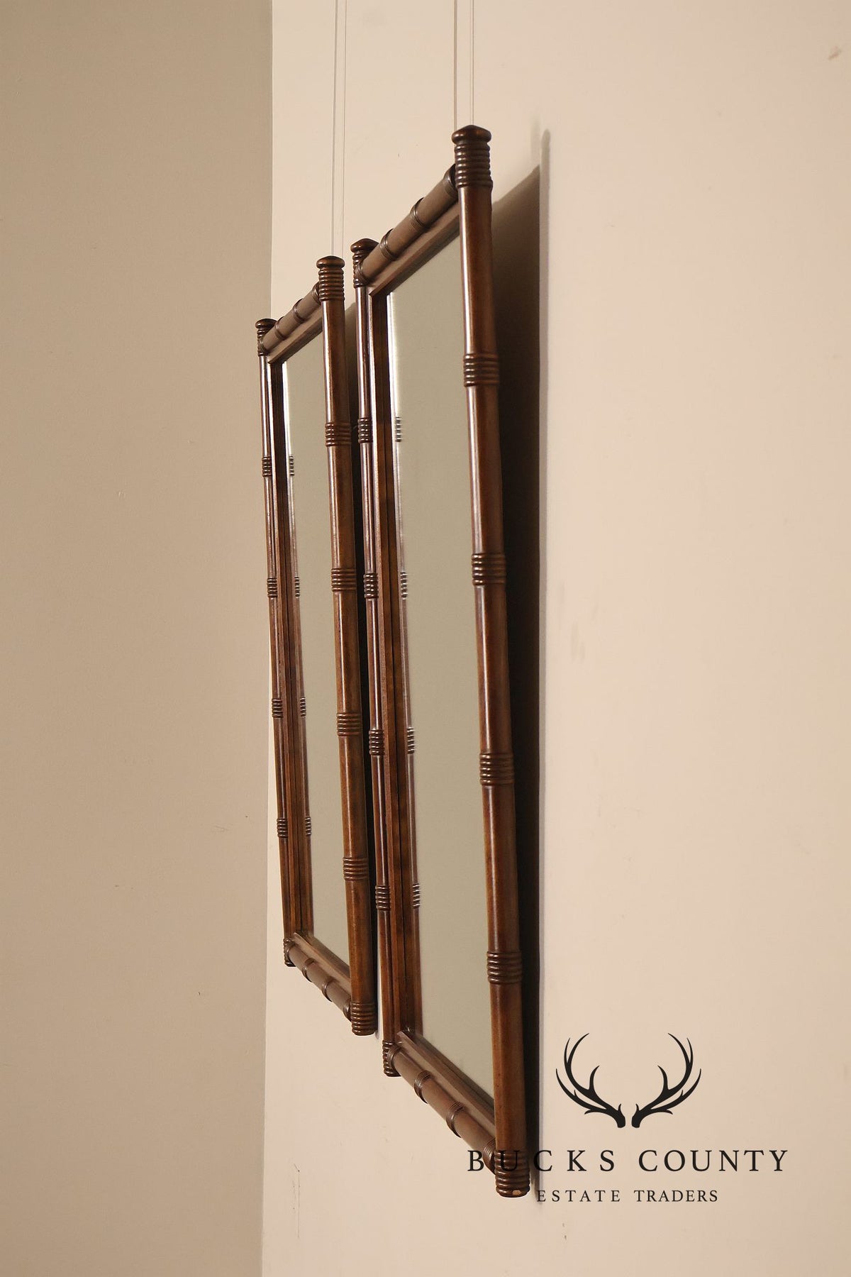 Vintage Pair of Faux Bamboo Wood Framed Wall Mirrors
