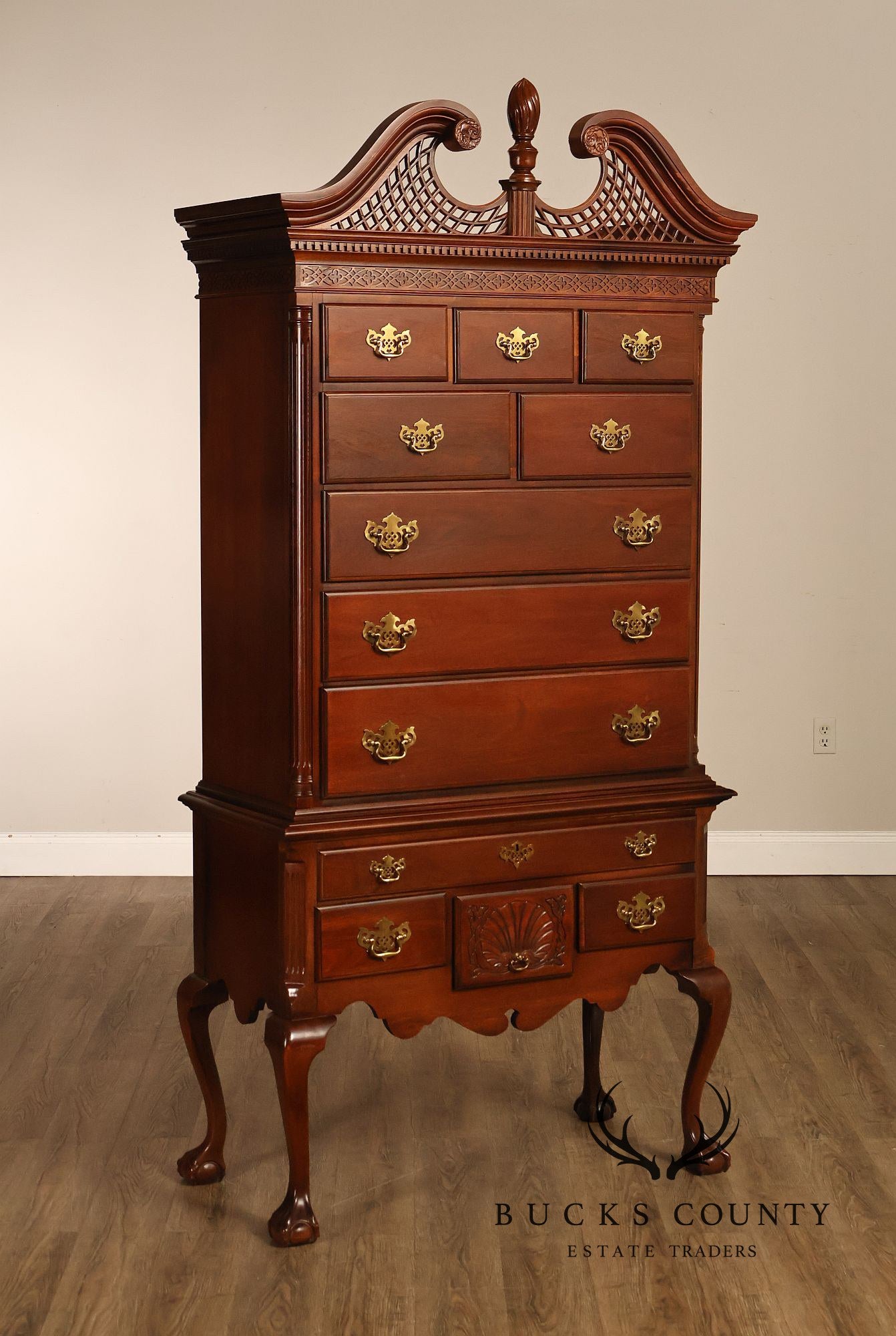 American Drew Traditional Chippendale Style Mahogany Highboy Chest on Chest Tall Dresser