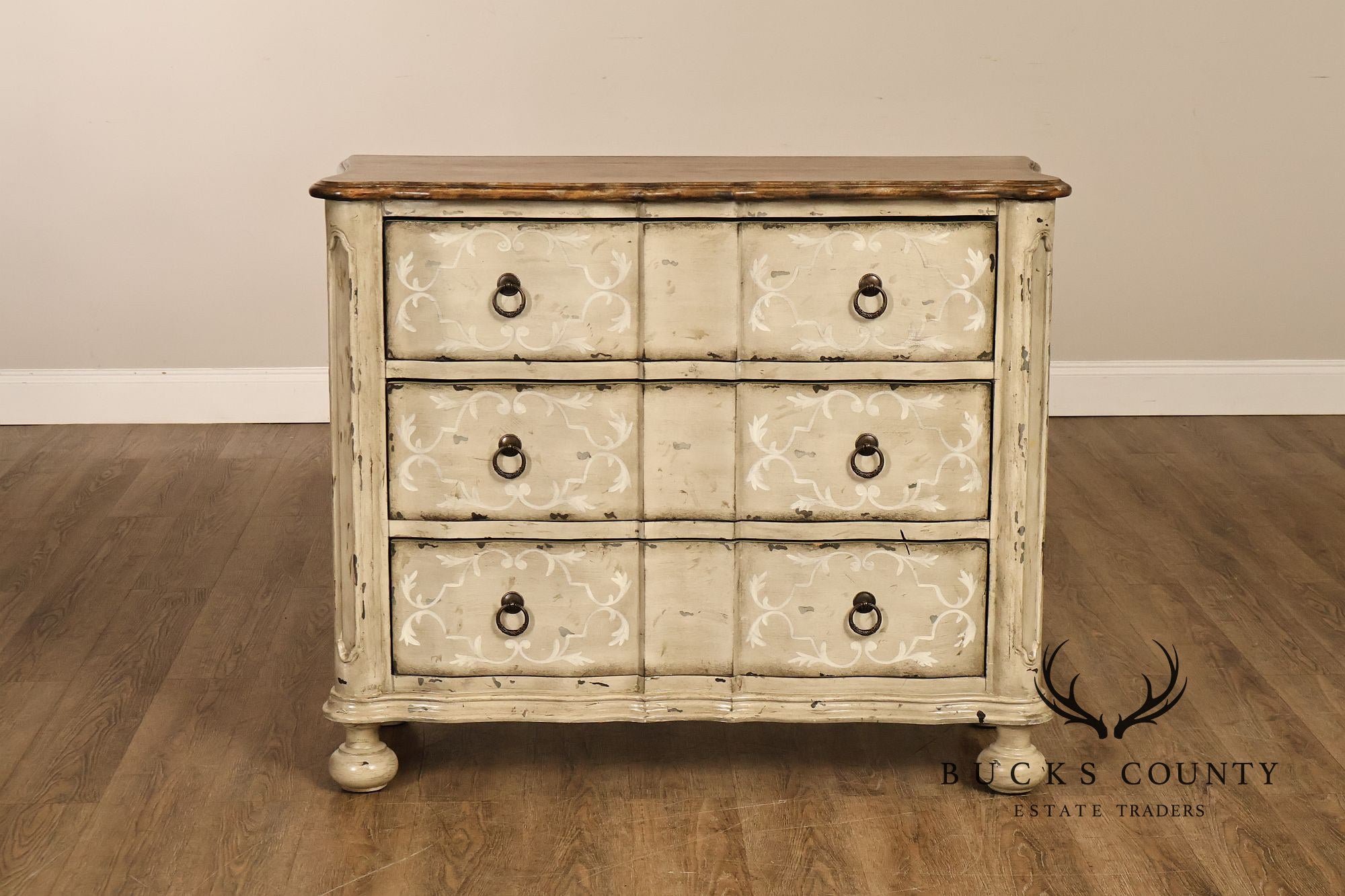 Painted Rustic European Style Three Drawer Chest With Distressed Finish