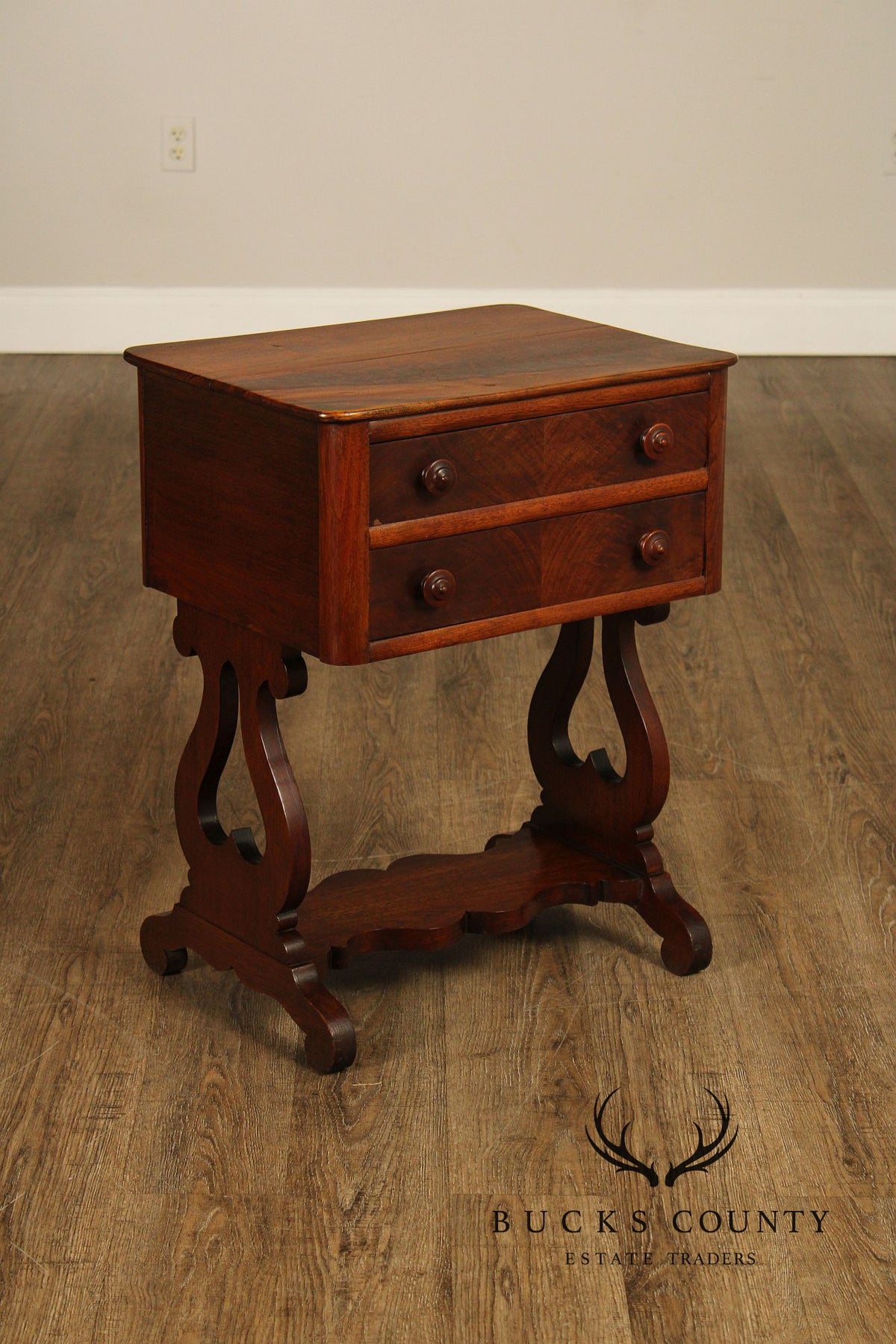 Antique American Empire Mahogany Lyre Form Two-Drawer Work Table