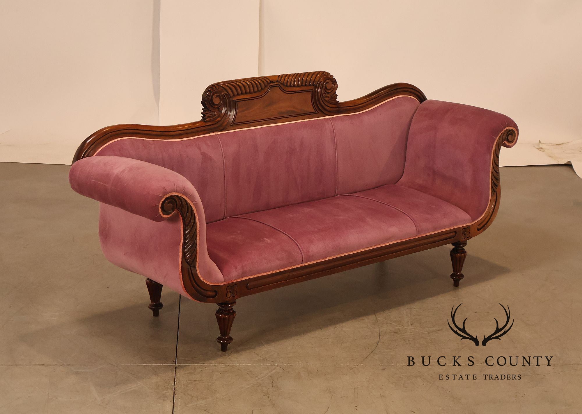 Victorian Style Mahogany Carved Wood Framed Pink Velour Upholstered Sofa