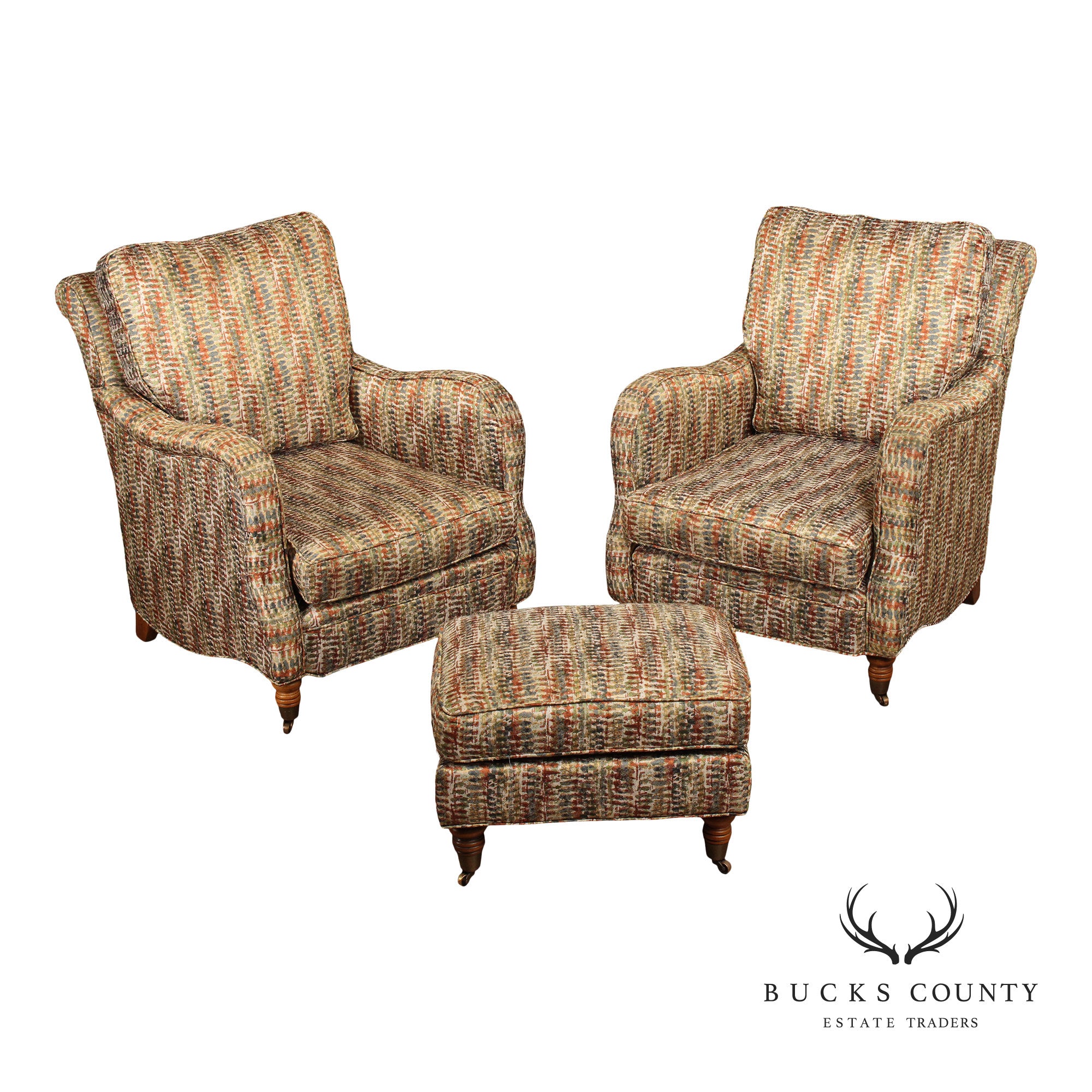 English Regency Style Modern Pair Of Lounge Chairs With Ottoman