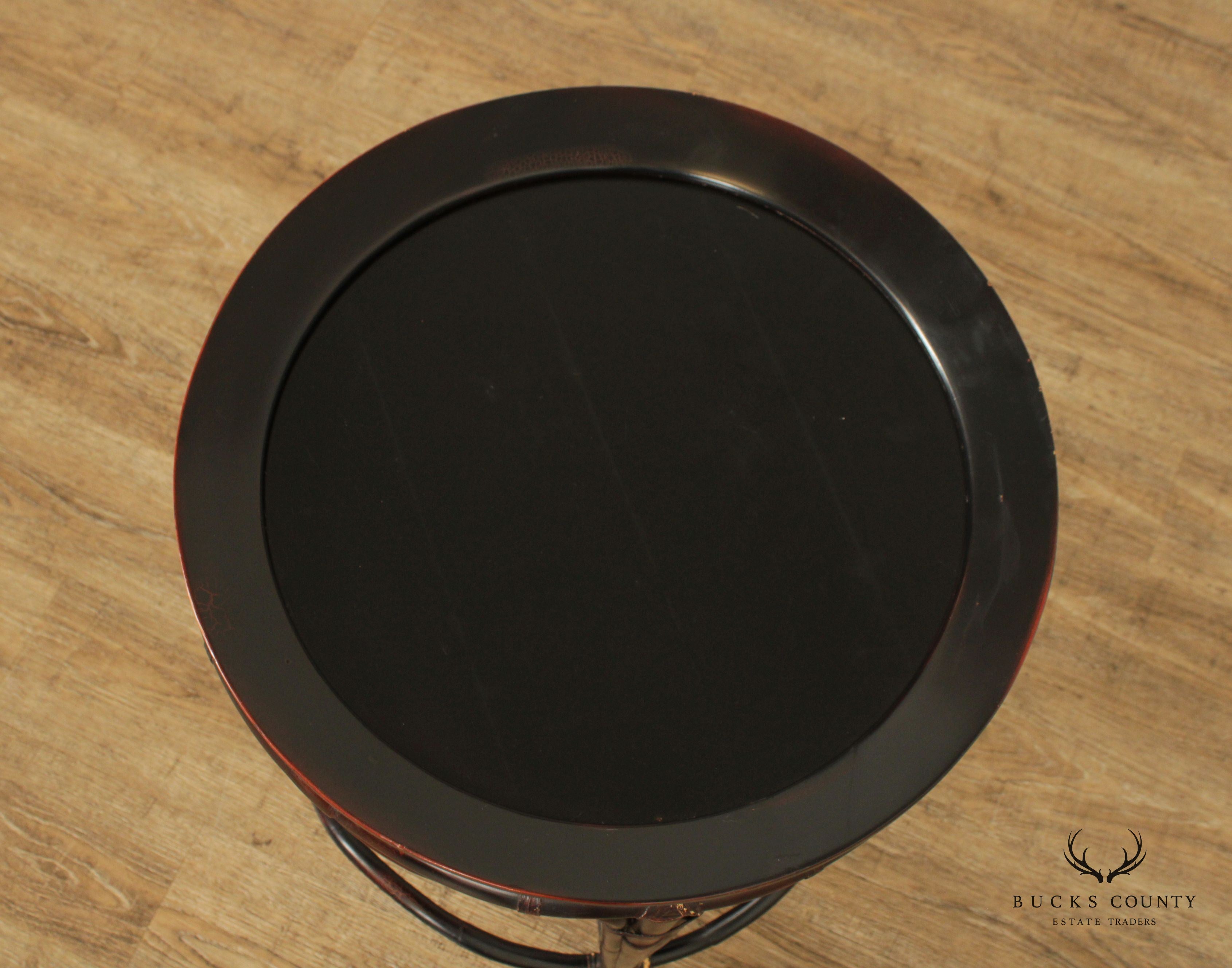 Vintage Chinese Black Lacquered Bamboo Round Tray Table