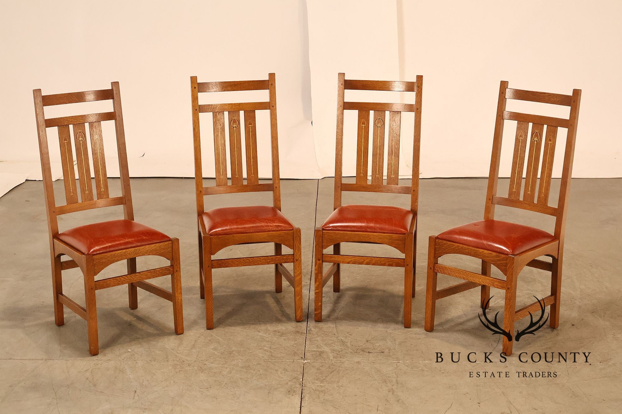 Stickley Harvey Ellis Set of Four Inlaid Oak and Leather Dining Chairs