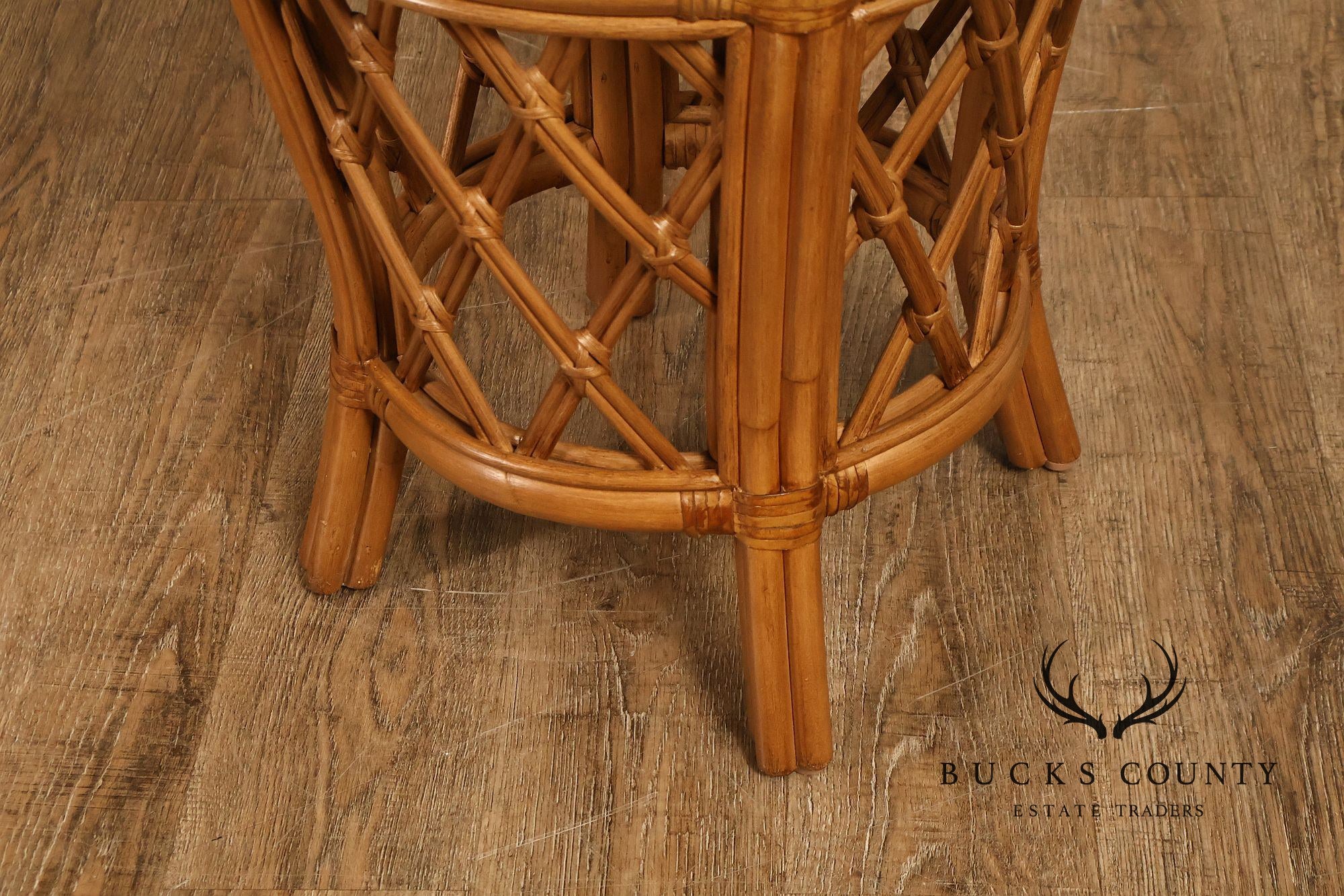 Boho Chic Pair of Round Glass Top Bamboo End Tables