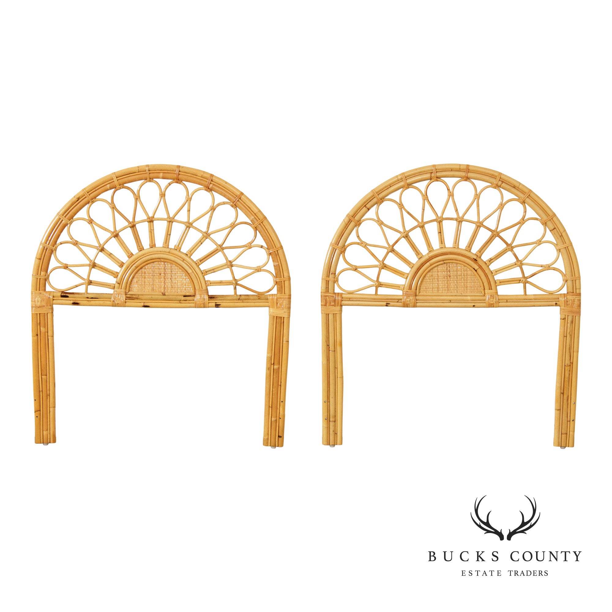 Boho Coastal Style Vintage Pair of Bamboo and Rattan Twin Headboards