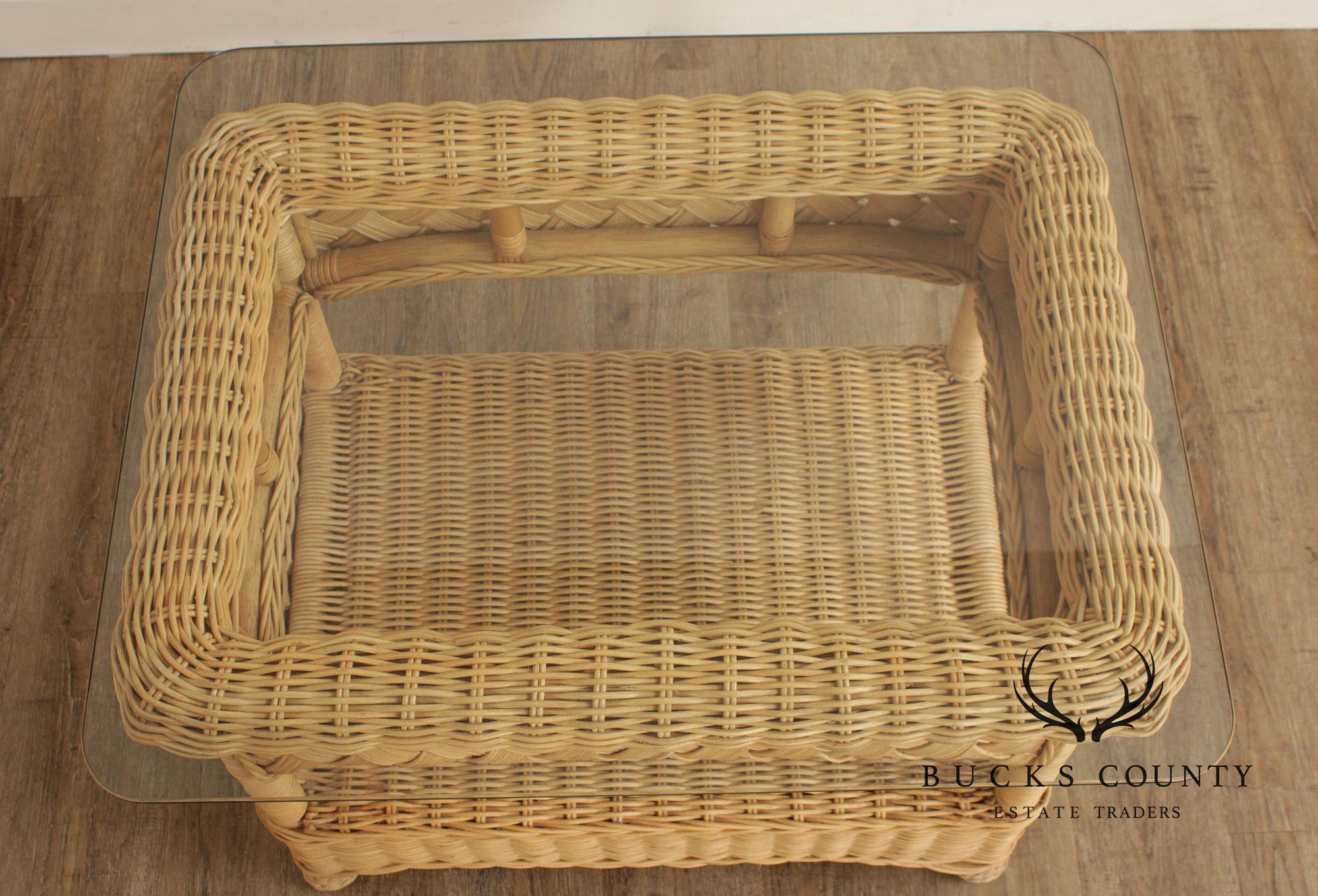 Vintage Pair of Glass Top Wicker End Tables