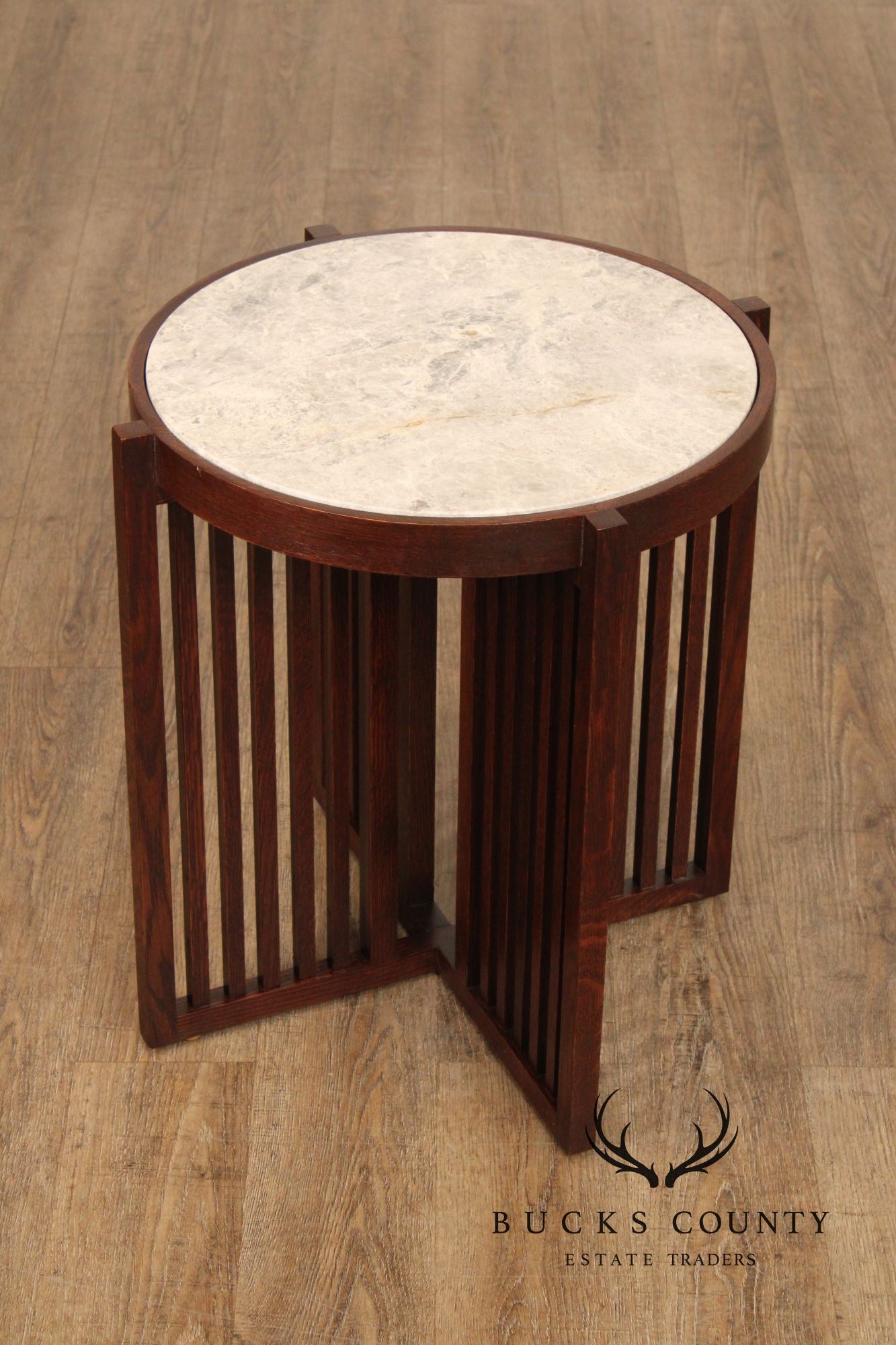 Stickley Park Slope Collection Round Marble Top Oak End Table