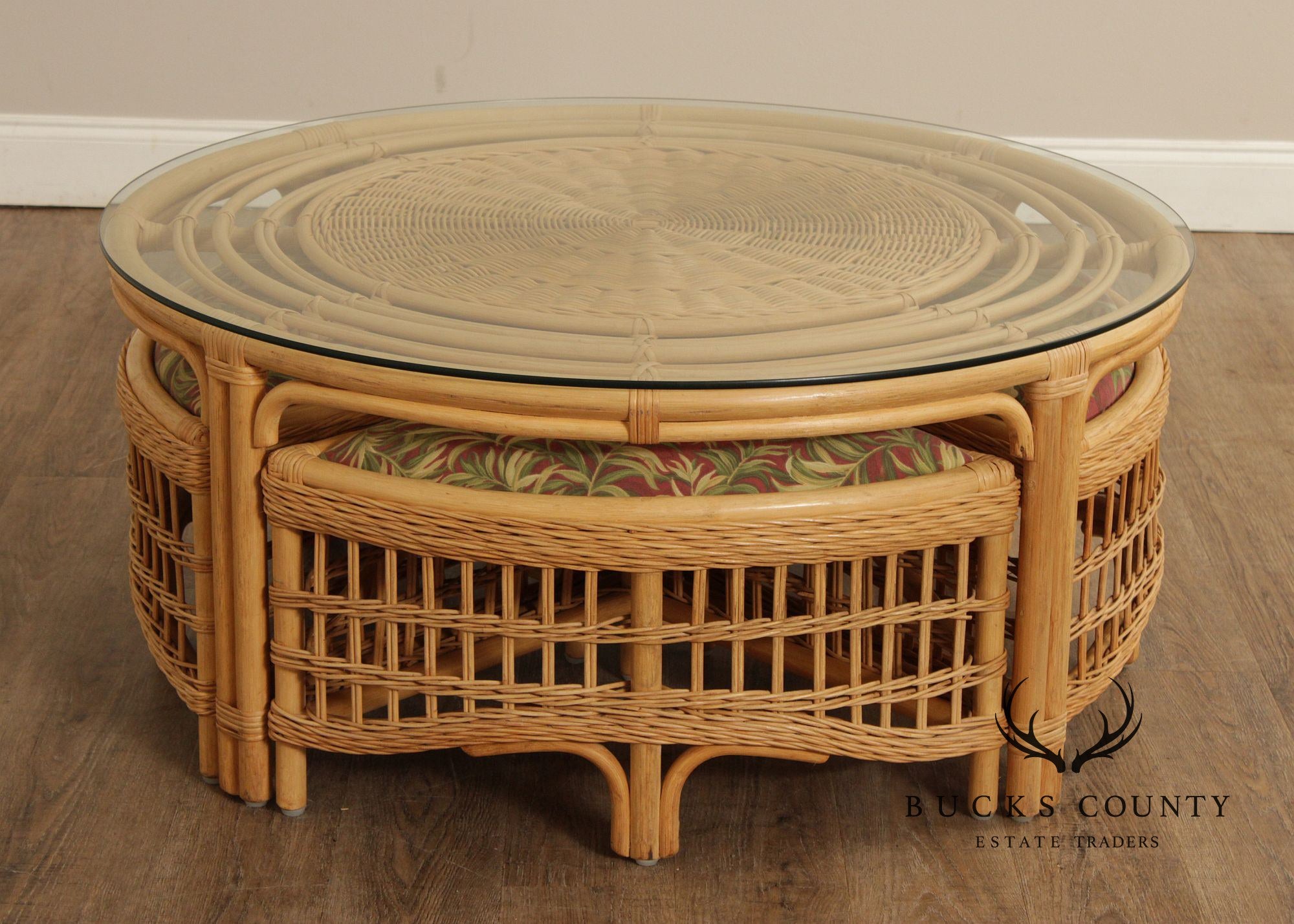 Braxton Culler Raffles Collection Round Rattan Coffee Table with Stools