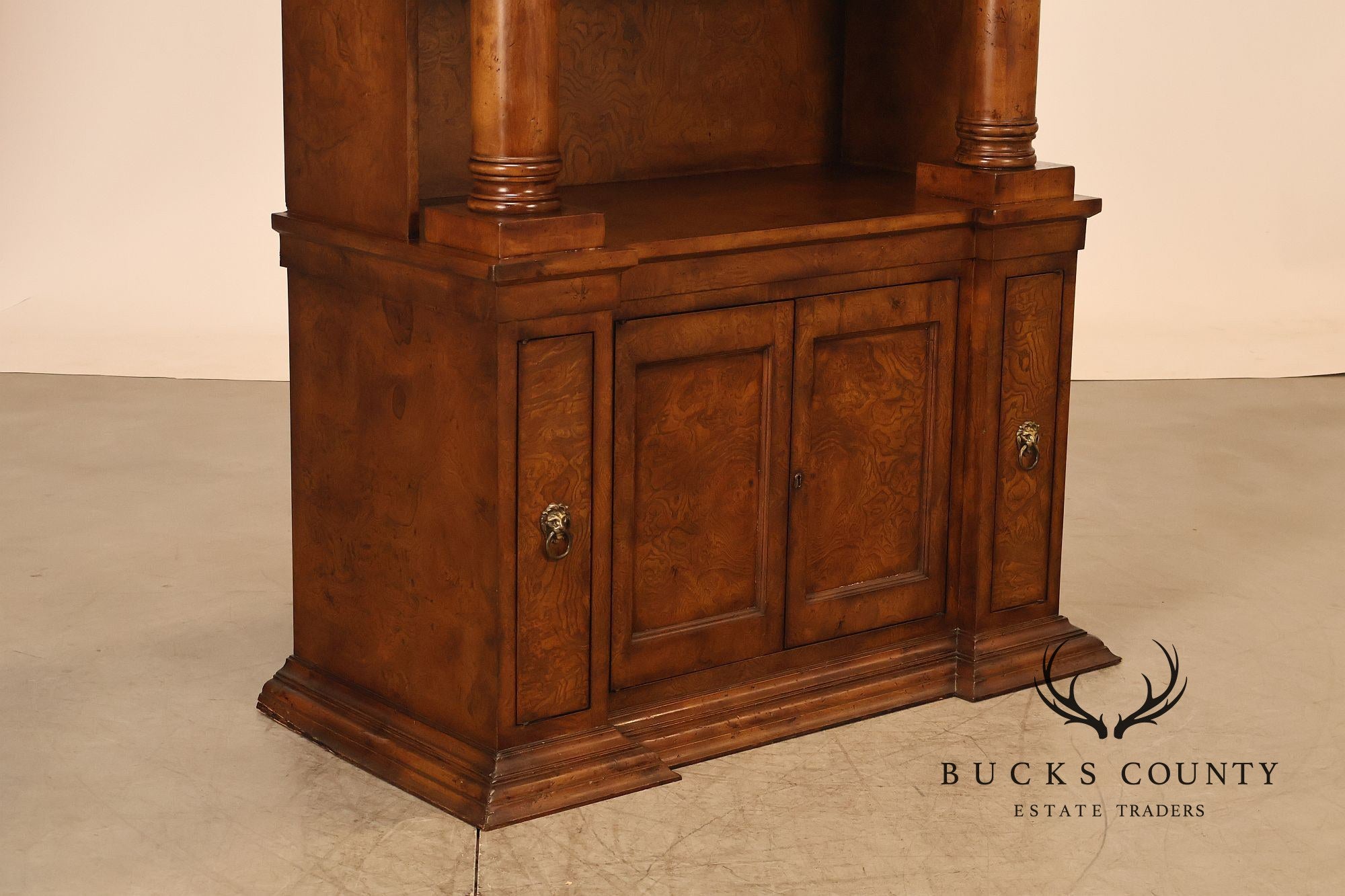 Large Classical Style Burl Wood Open Bookcase With Corinthian Columns