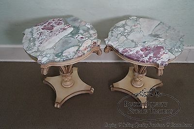 Grosfeld House Pair of Painted Carved Wood Plume Base Marble Top Side Tables