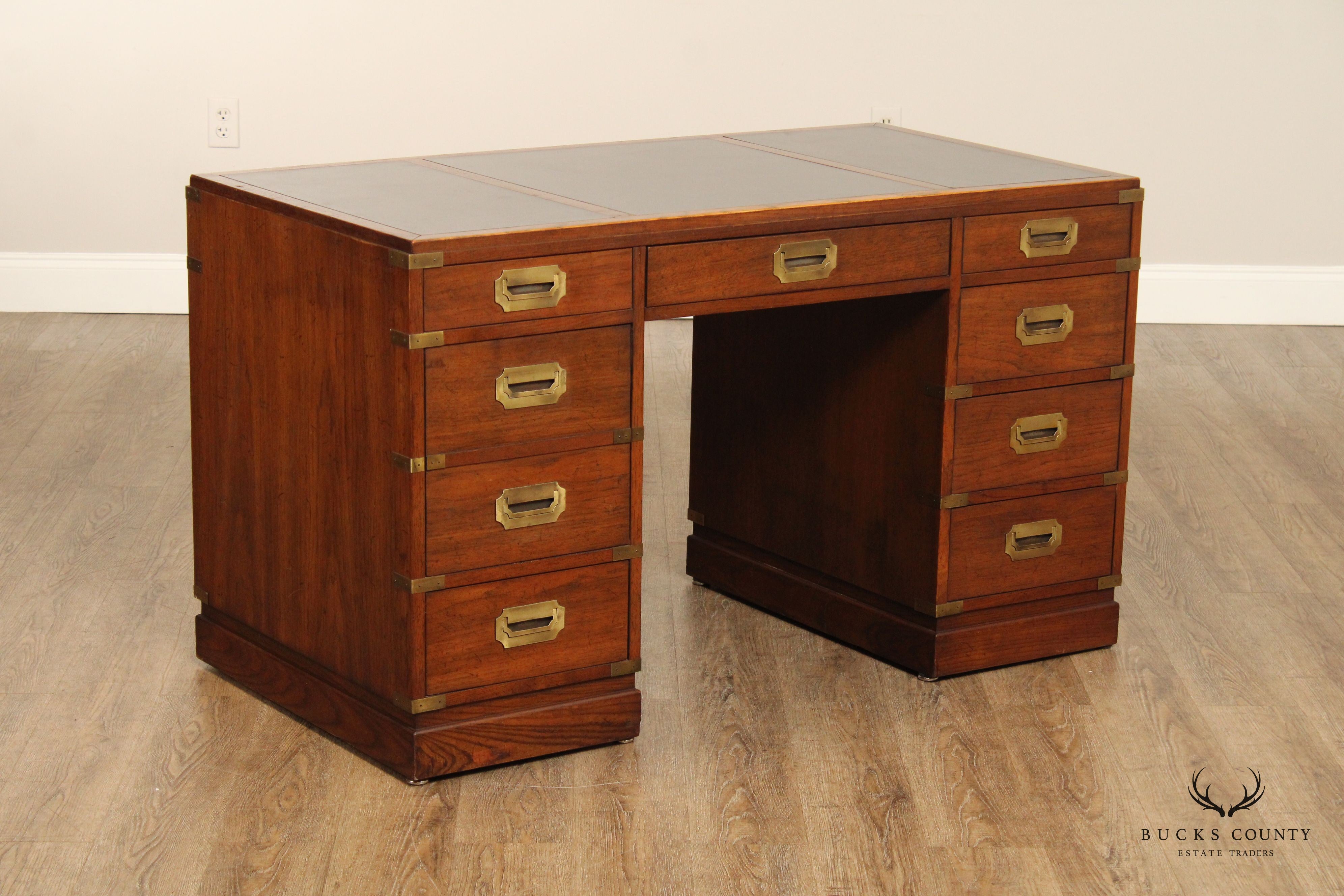 Sligh Campaign Style Vintage Oak and Brass Leather Top Writing Desk