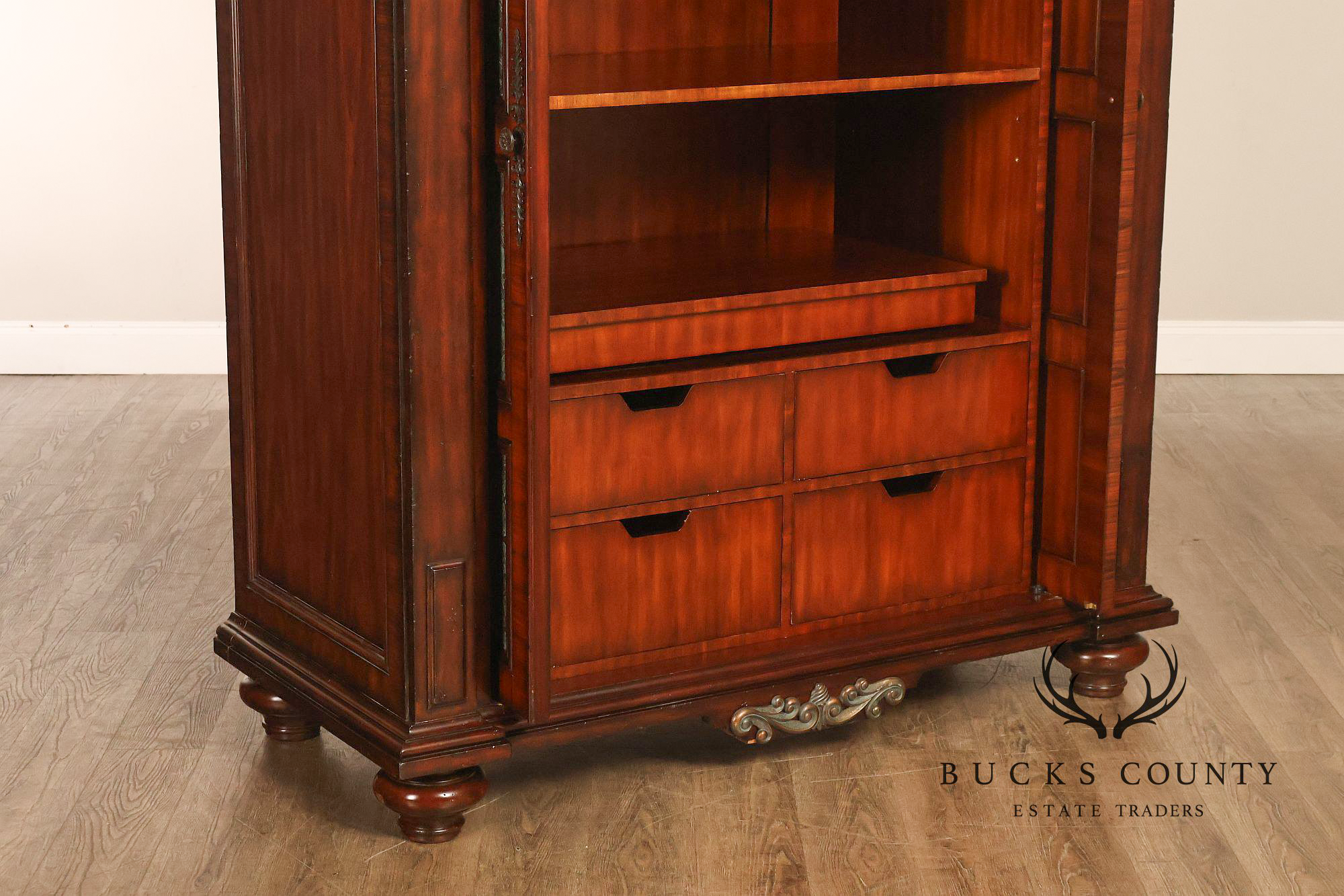 Maitland-Smith Large Mahogany Armoire Cabinet With Bronze Scrollwork Finials And Raised Panel Doors
