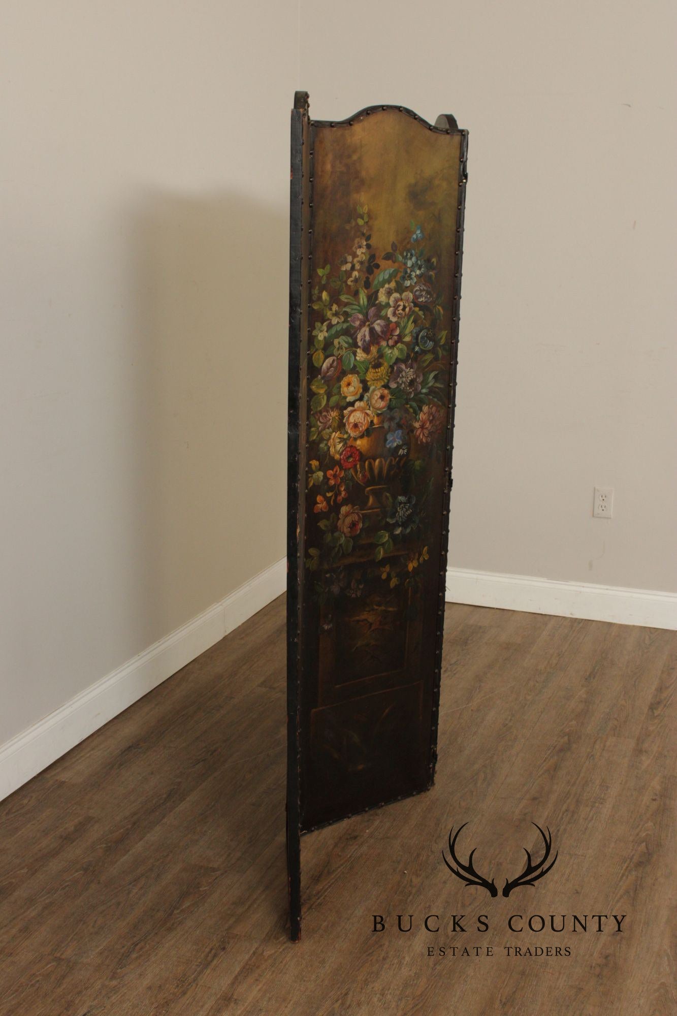 Antique Style 3-Panel Hand-Painted Oil On Canvas Floor Screen Room Divider With Floral Still Life, Birds & Garden Landscape