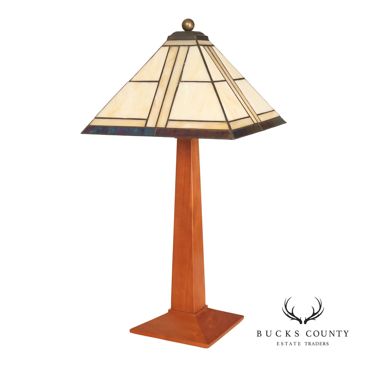 Stickley Stained Glass Shade Cherry Wood Table Lamp
