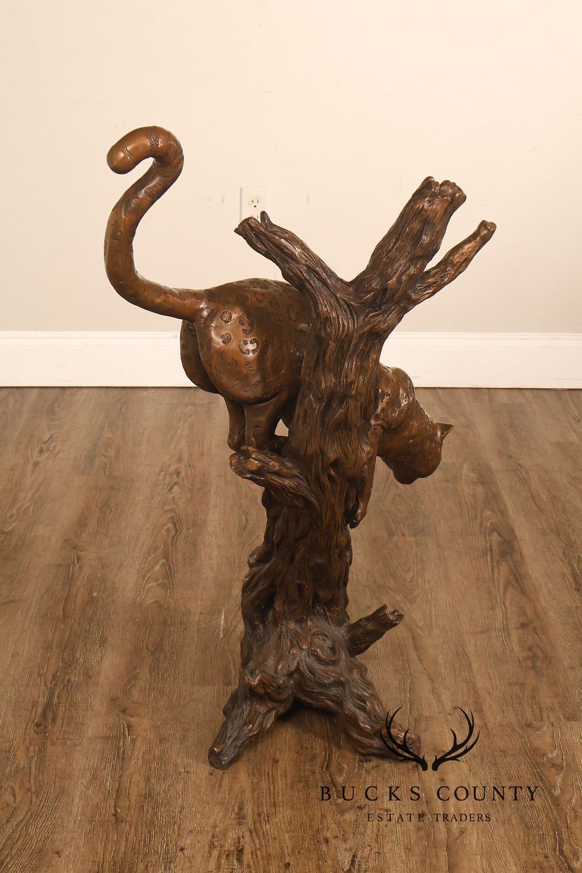 Large Bronze Leopard Sculpture On Tree Stump Base