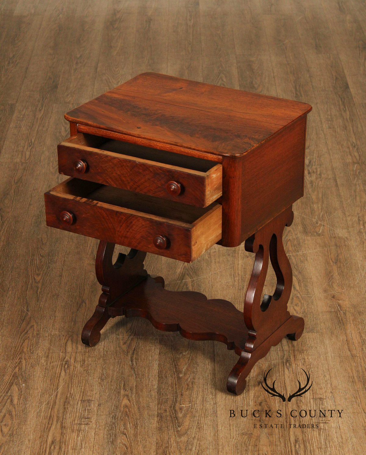 Antique American Empire Mahogany Lyre Form Two-Drawer Work Table