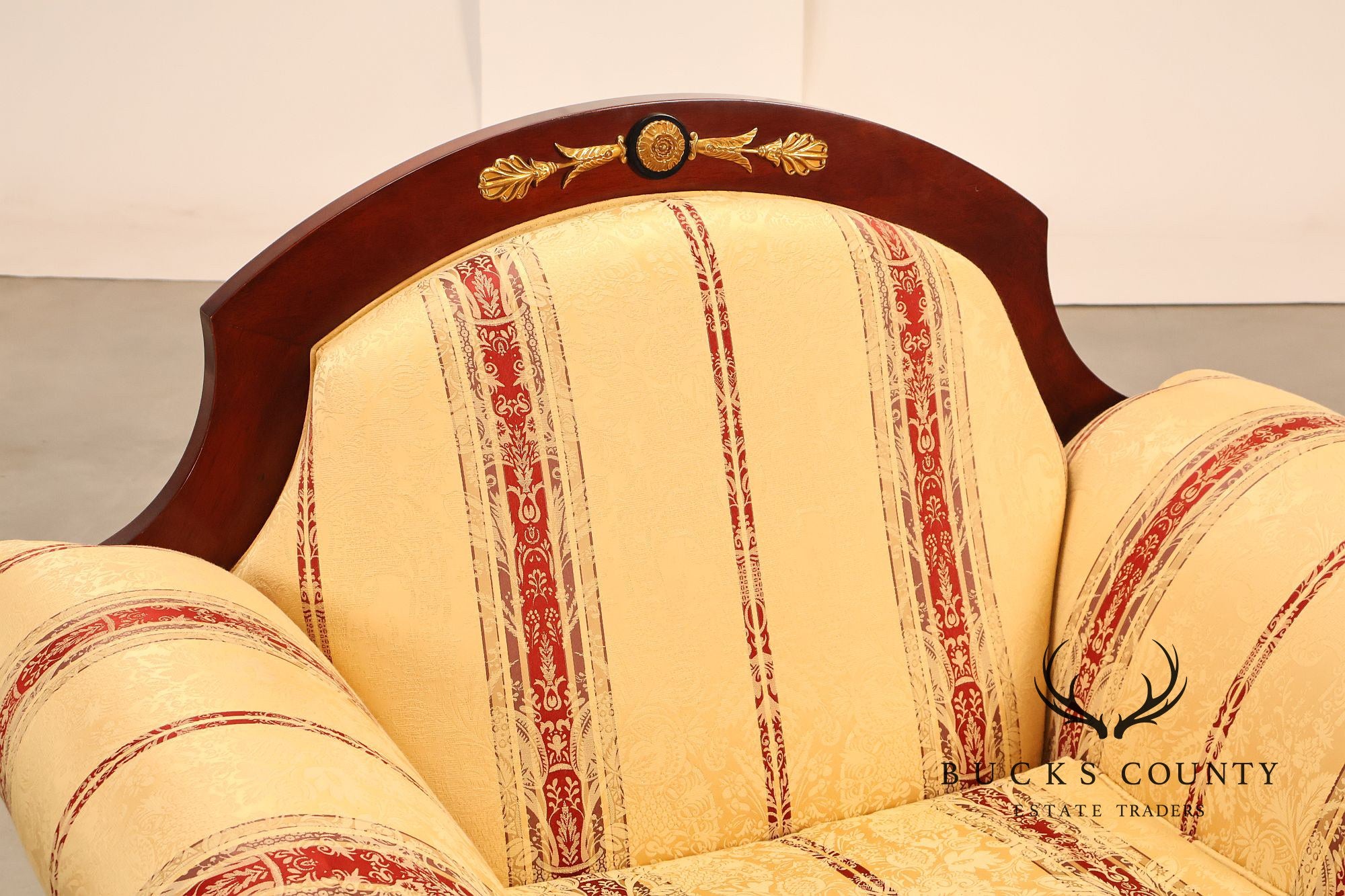 Empire Neoclassical Style Mahogany Upholstered Armchair With Gilt Bronze Accents
