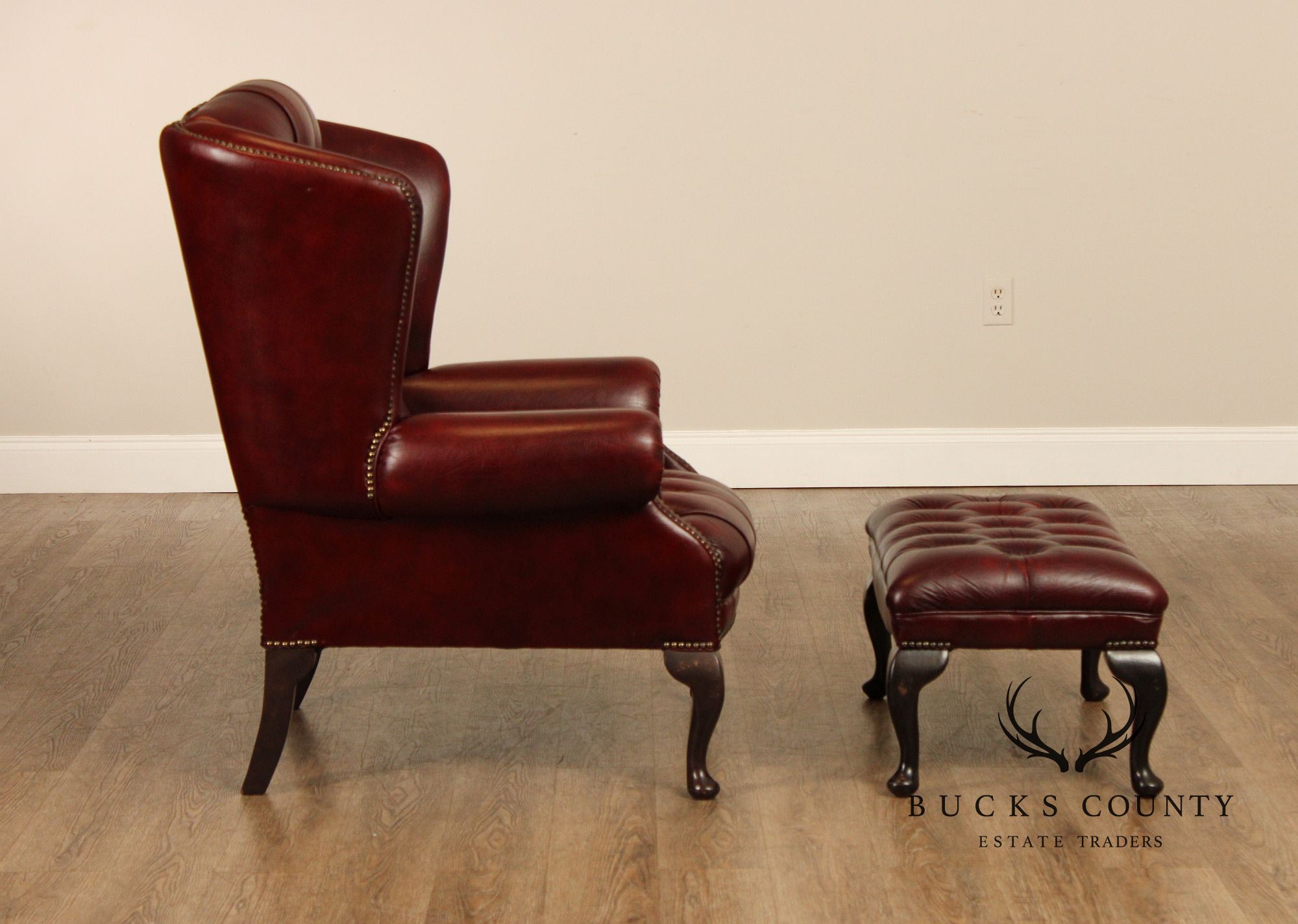 Pendragon Chesterfield Style Tufted Leather Wing Chair and Ottoman