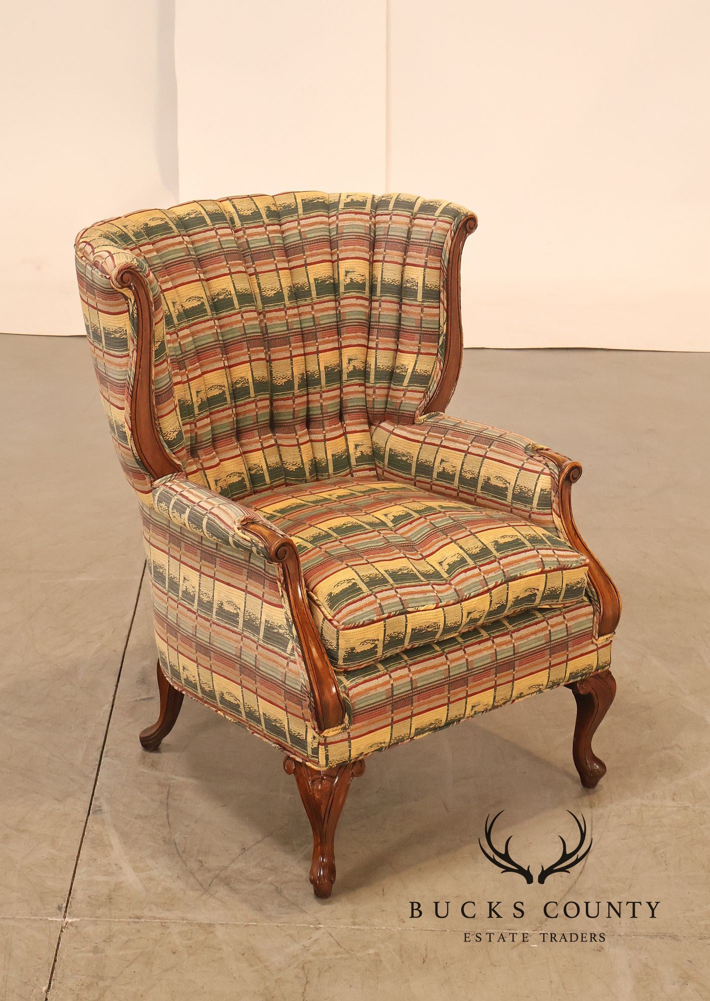Vintage Channel Back Carved Frame Wingback Armchair
