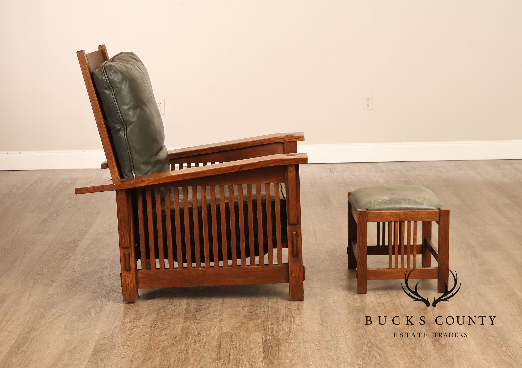 Stickley Mission Collection Oak Bent Arm Morris Chair and Ottoman