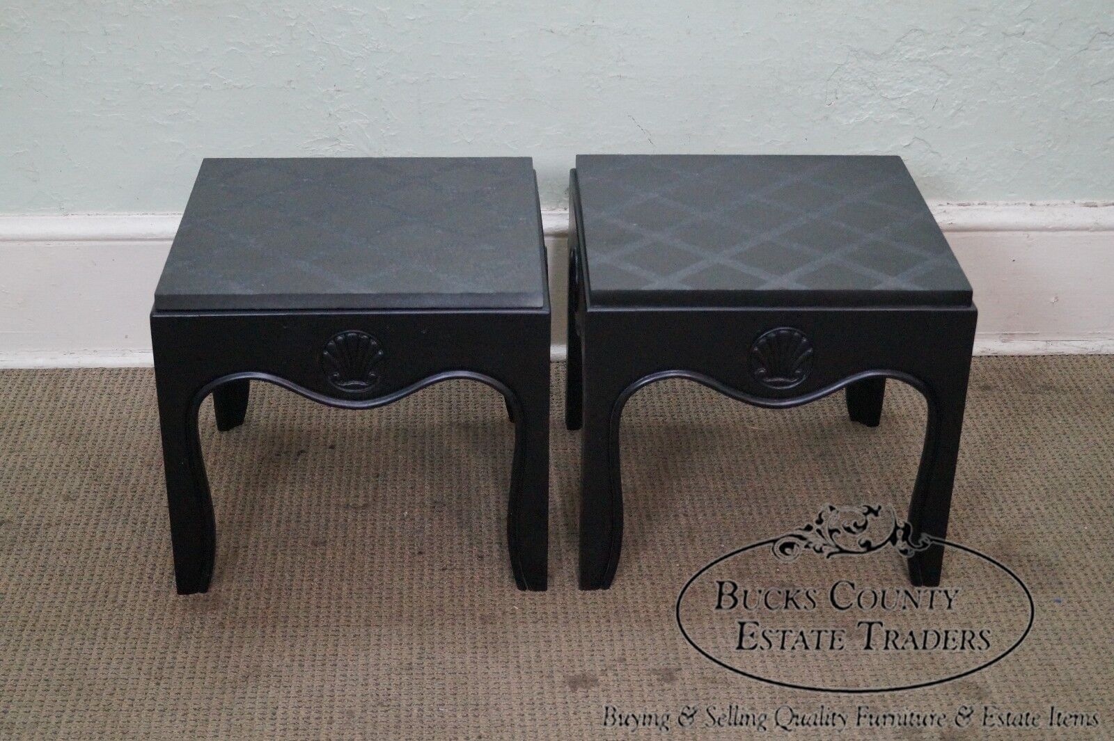 Mid Century Pair of Ebonized Black Low Slate Top Side Tables