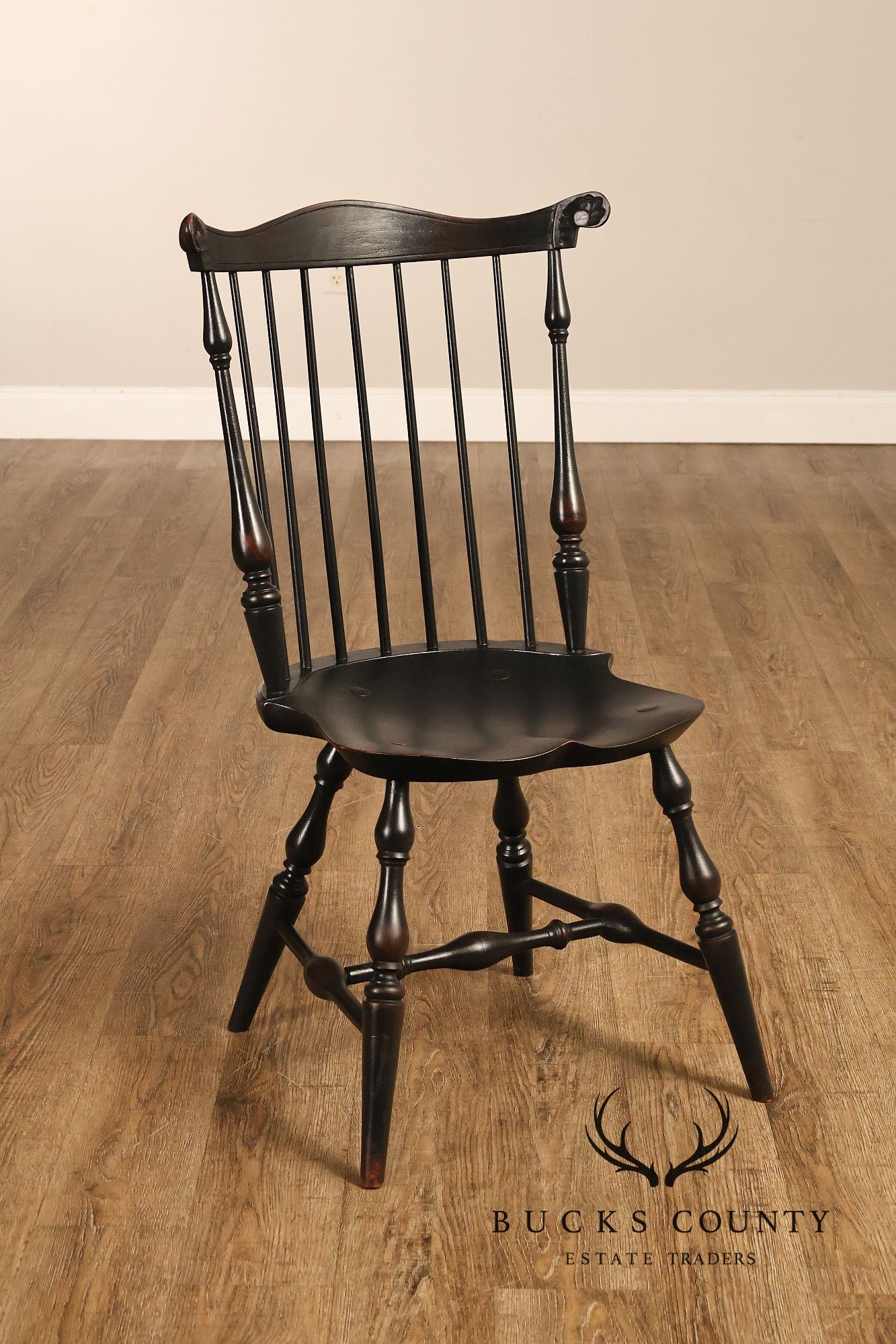Custom Set Of Four Black Over Red Painted Fan Back Windsor Dining Chairs