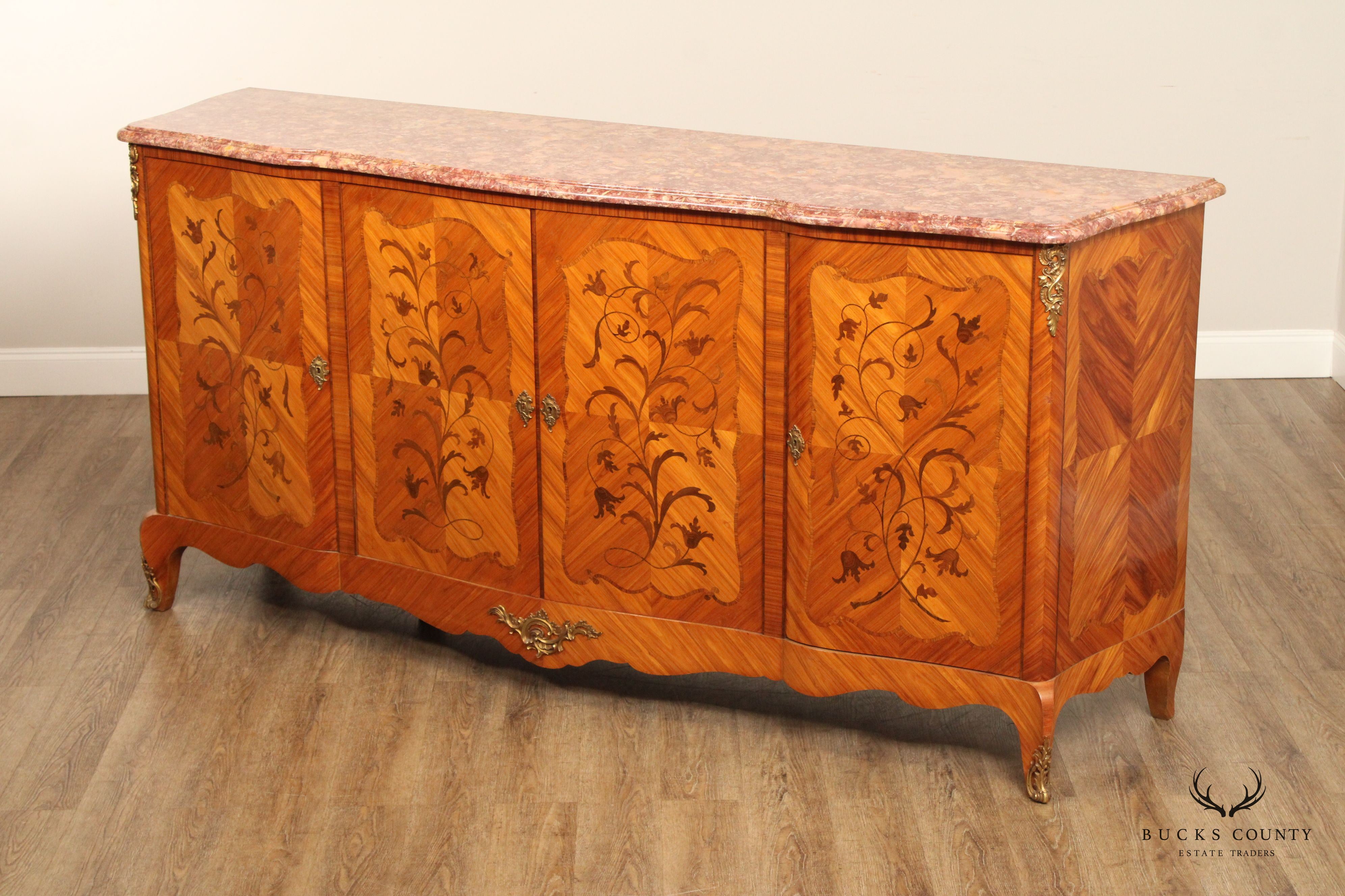 French Louis XV Style Antique Marble Top Marquetry Inlaid Long Sideboard