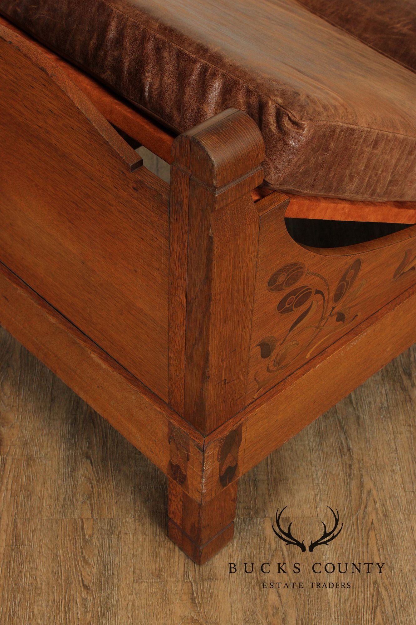 Early Stickley Brothers Inlaid Oak and Leather Daybed