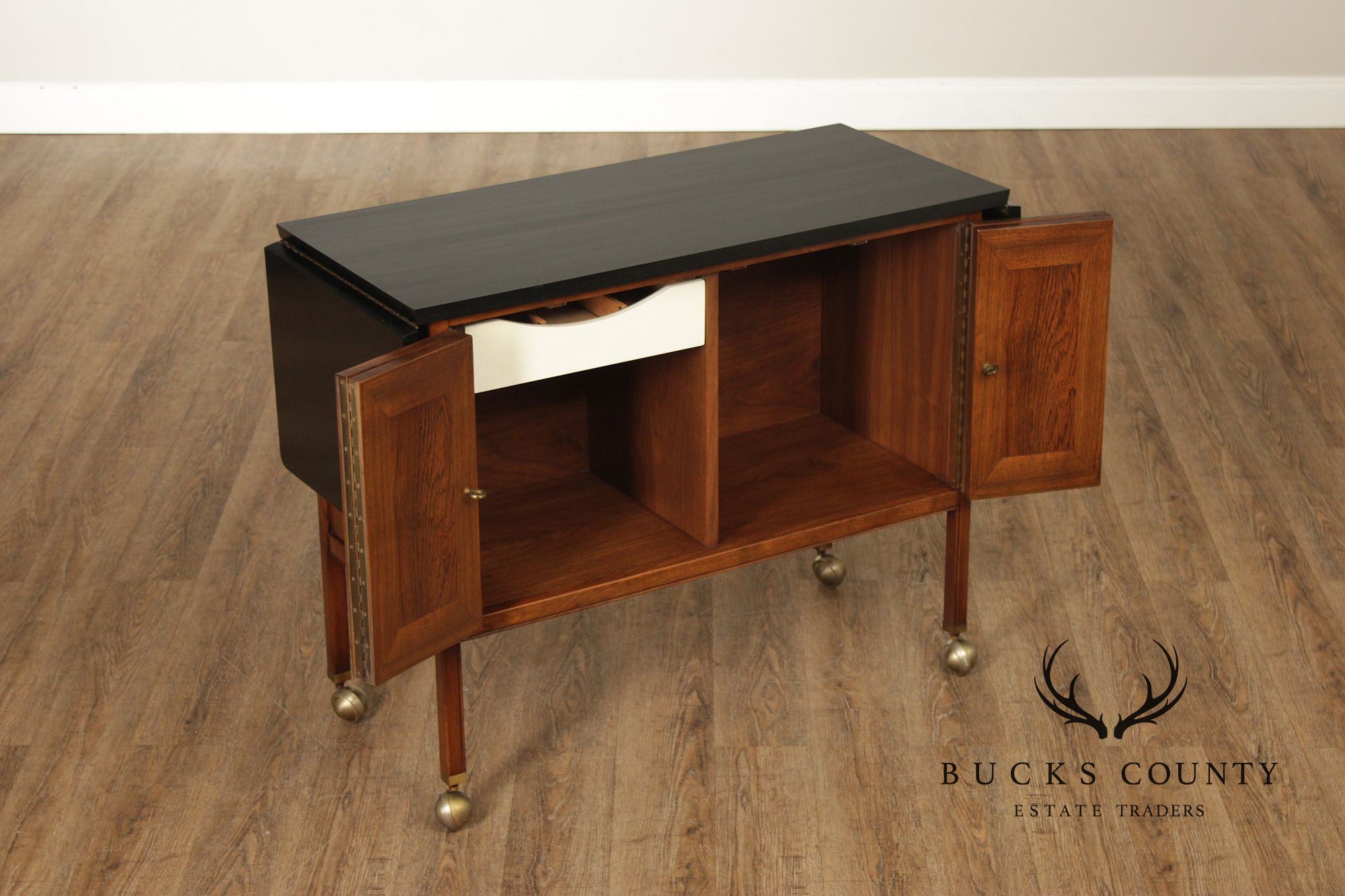 American Of Martinsville Mid Century Walnut And Rosewood Drop Leaf Bar Cart