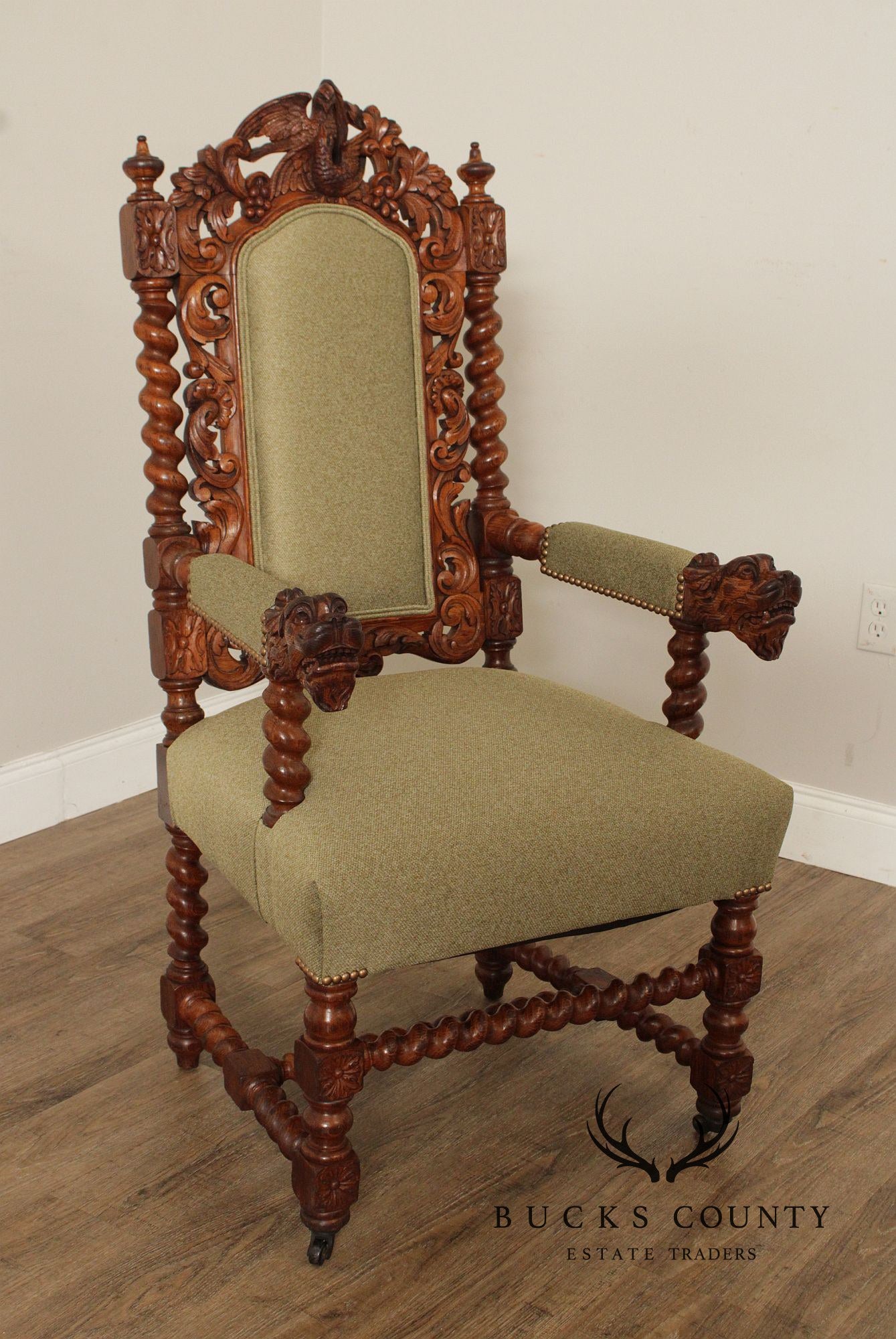 Renaissance Revival Antique Carved Oak Pair of Armchairs