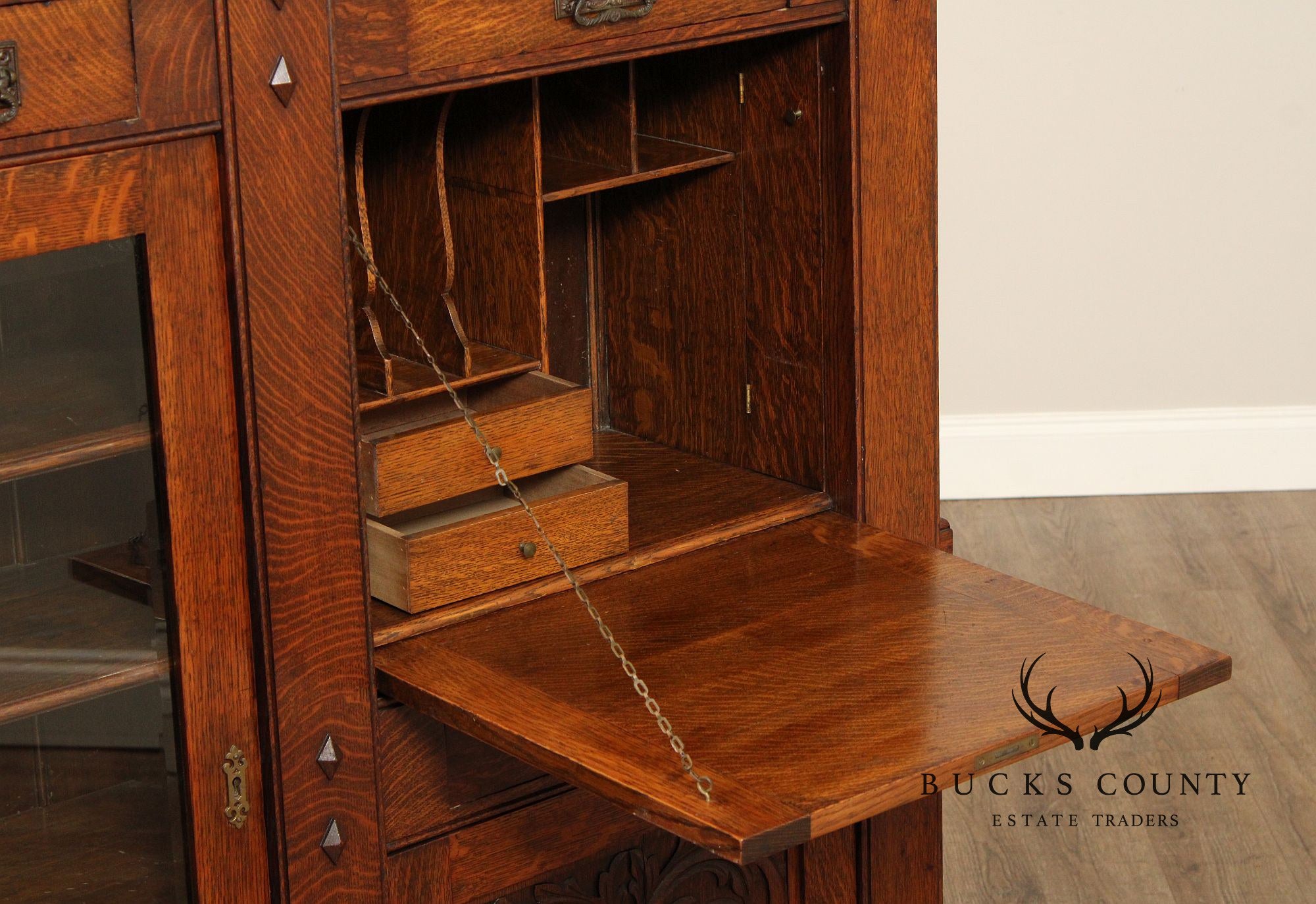 Antique Arts And Crafts Period Carved Oak Secretary Desk Bookcase