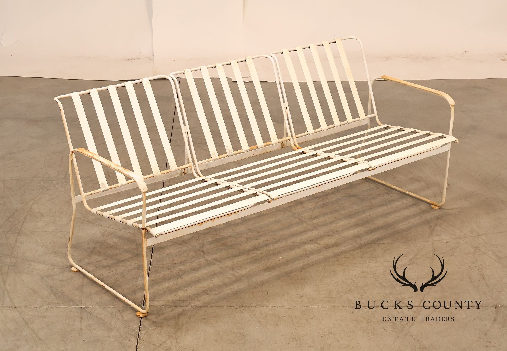 Vintage White Painted Wrought Iron Strap Patio Sofa Bench