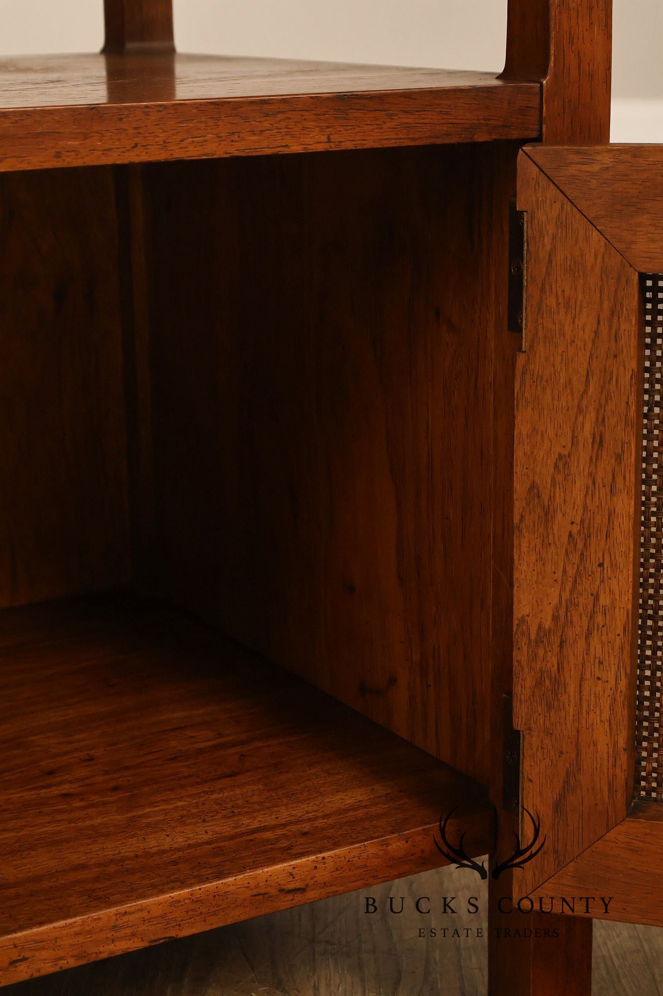Mid-Century Modern Glass Top Walnut and Cane Side Cabinet