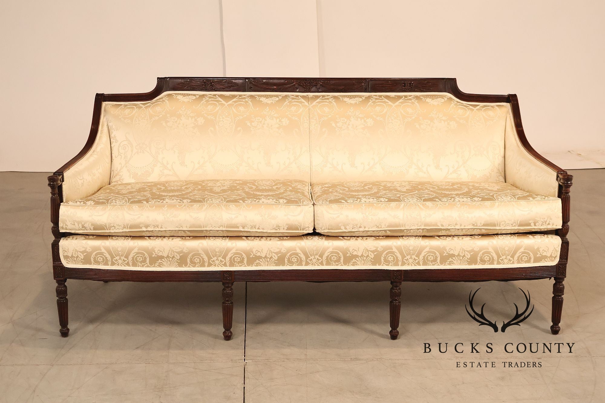 Federal Sheraton Style Upholstered Sofa With Carved Wood Frame
