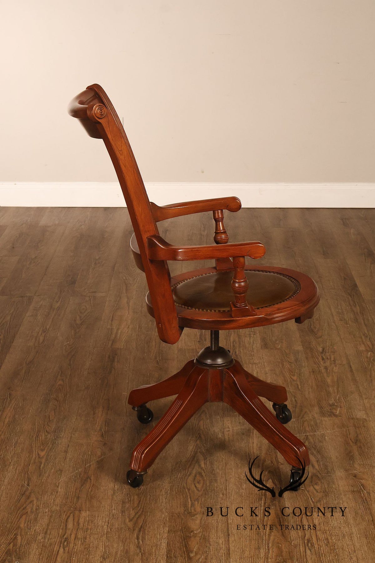 Vintage Leather and Cane Swivel Office Armchair