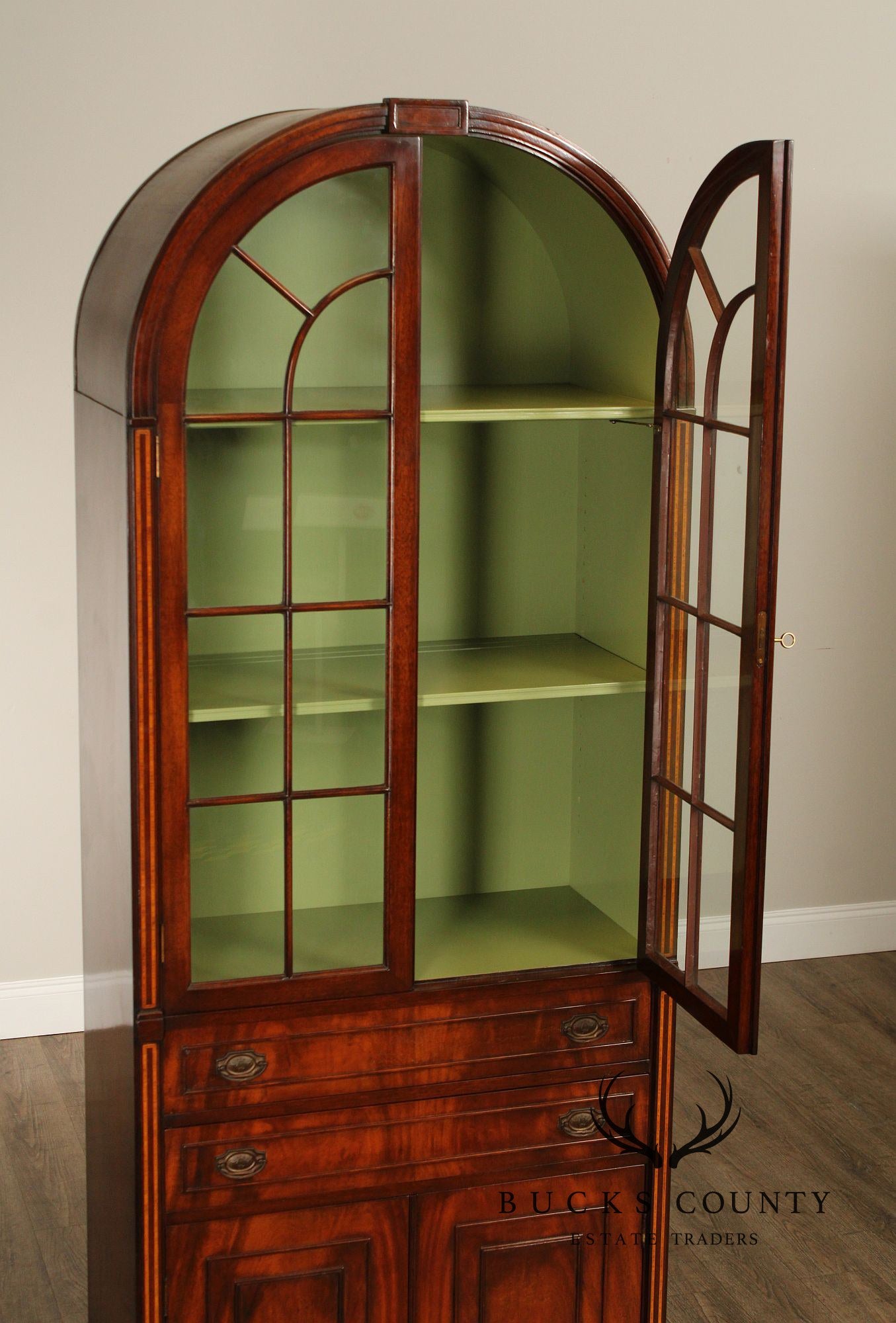 English Regency Style Pair of Mahogany Arched Glass Door Bookcases