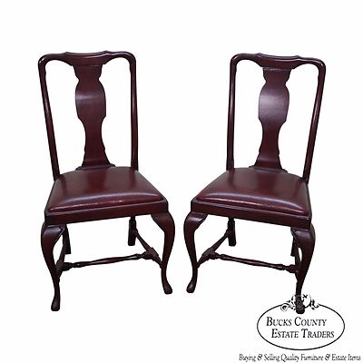 Custom Quality Leather Seat Pair of Queen Anne Side Chairs