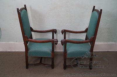 Antique 19th Century Pair of Gothic Oak Throne Arm Chairs