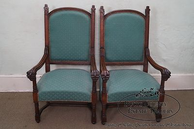 Antique 19th Century Pair of Gothic Oak Throne Arm Chairs