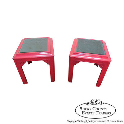 Hollywood Regency Chinese Chippendale Lacquered Mirrored Top End Tables