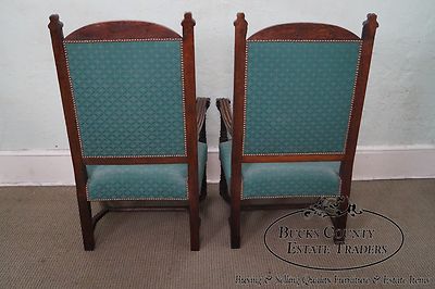 Antique 19th Century Pair of Gothic Oak Throne Arm Chairs
