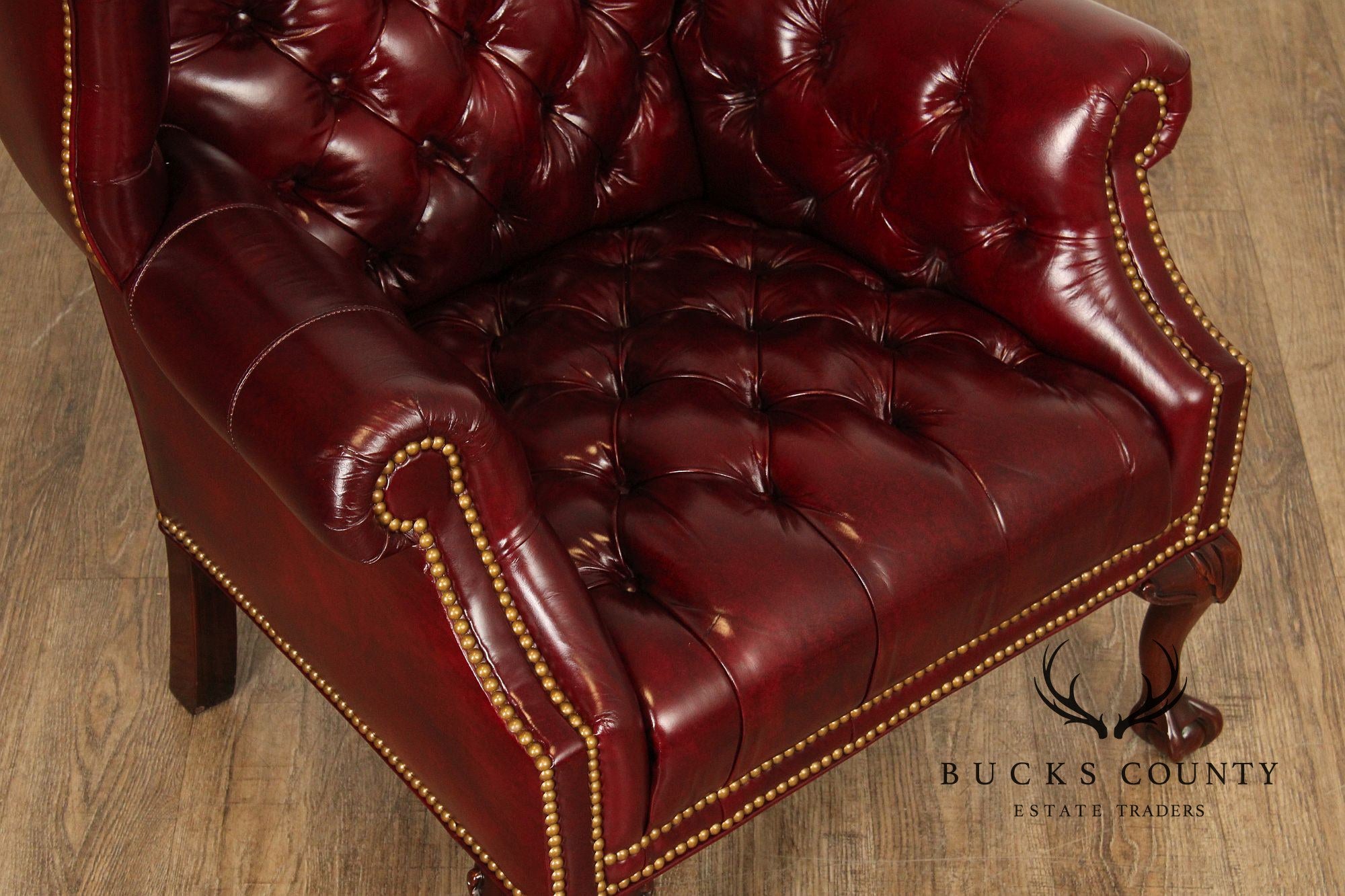 Georgian Style Tufted Oxblood Leather 'Reynolds' Wing Chair and Ottoman