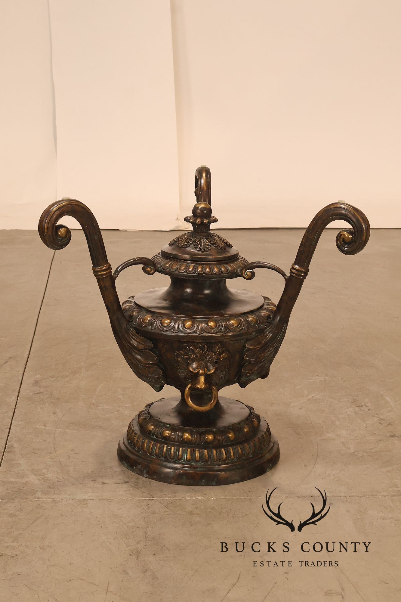 Monumental Brass Urn Form  Double Pedestal Glass Top Dining Table