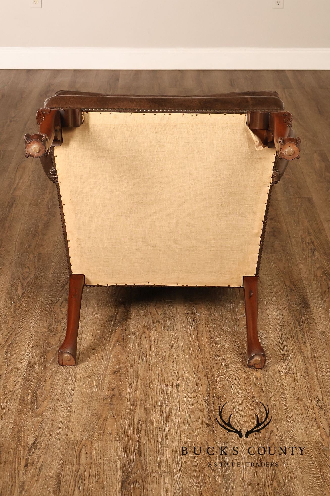 Kittinger Colonial Williamsburg Chippendale Style Pair Leather Wing Chairs