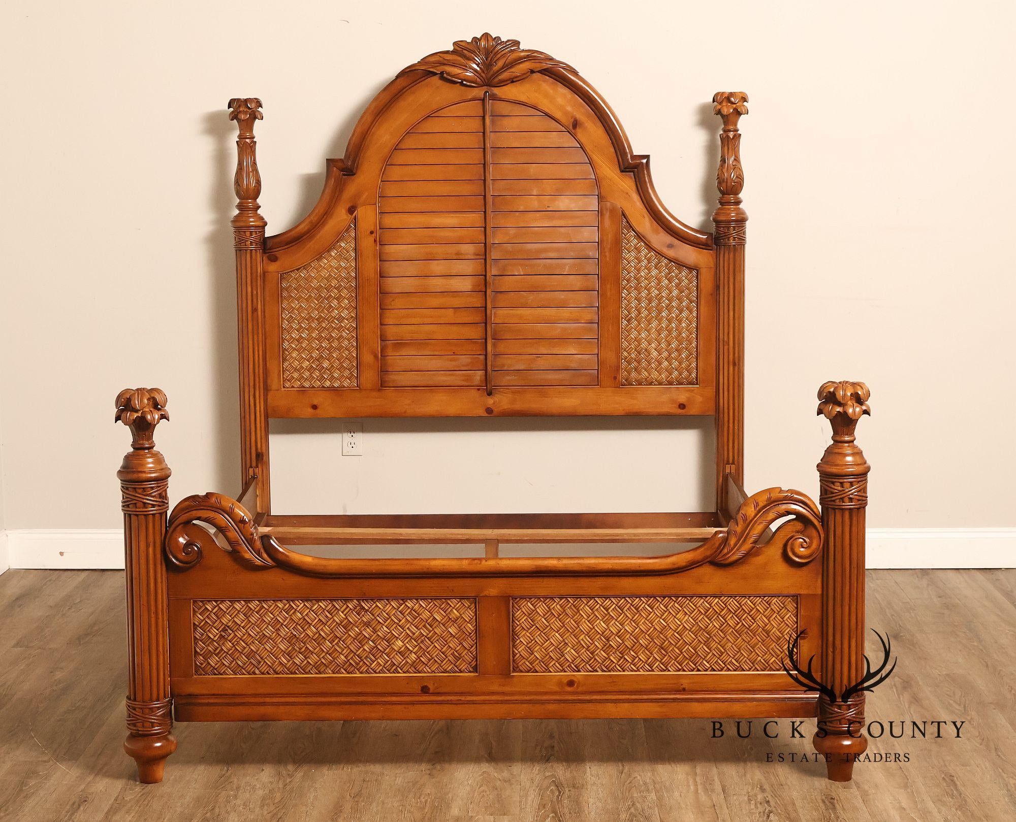 Tropical British Colonial Style Carved Wood Queen Poster Bed