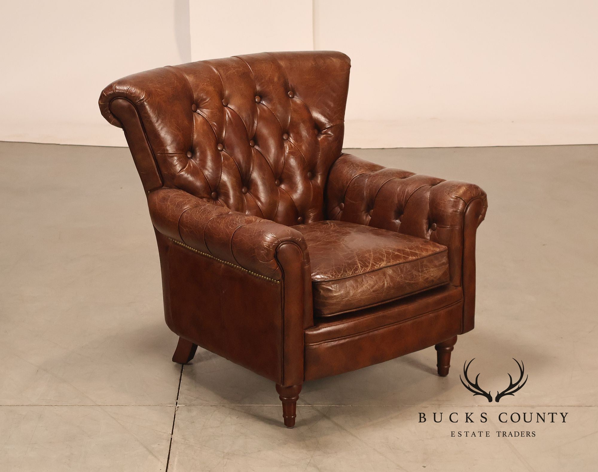 Moe's Home Collection Pair of Tufted Distressed Brown Leather Armchairs