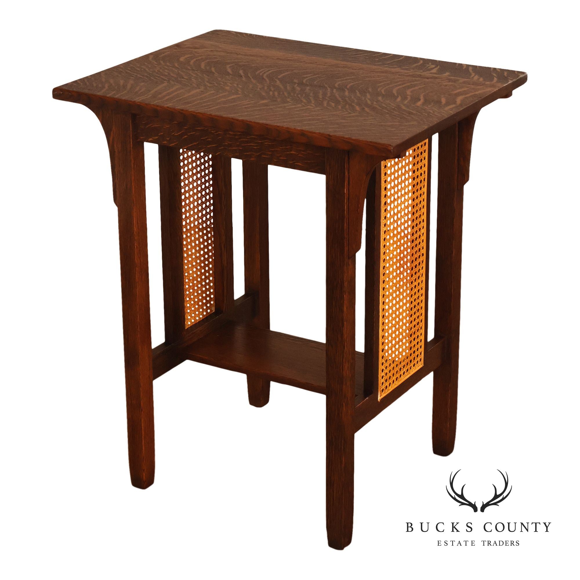 Antique Stickley Brothers Arts & Crafts Oak Side Table With Cane Panels